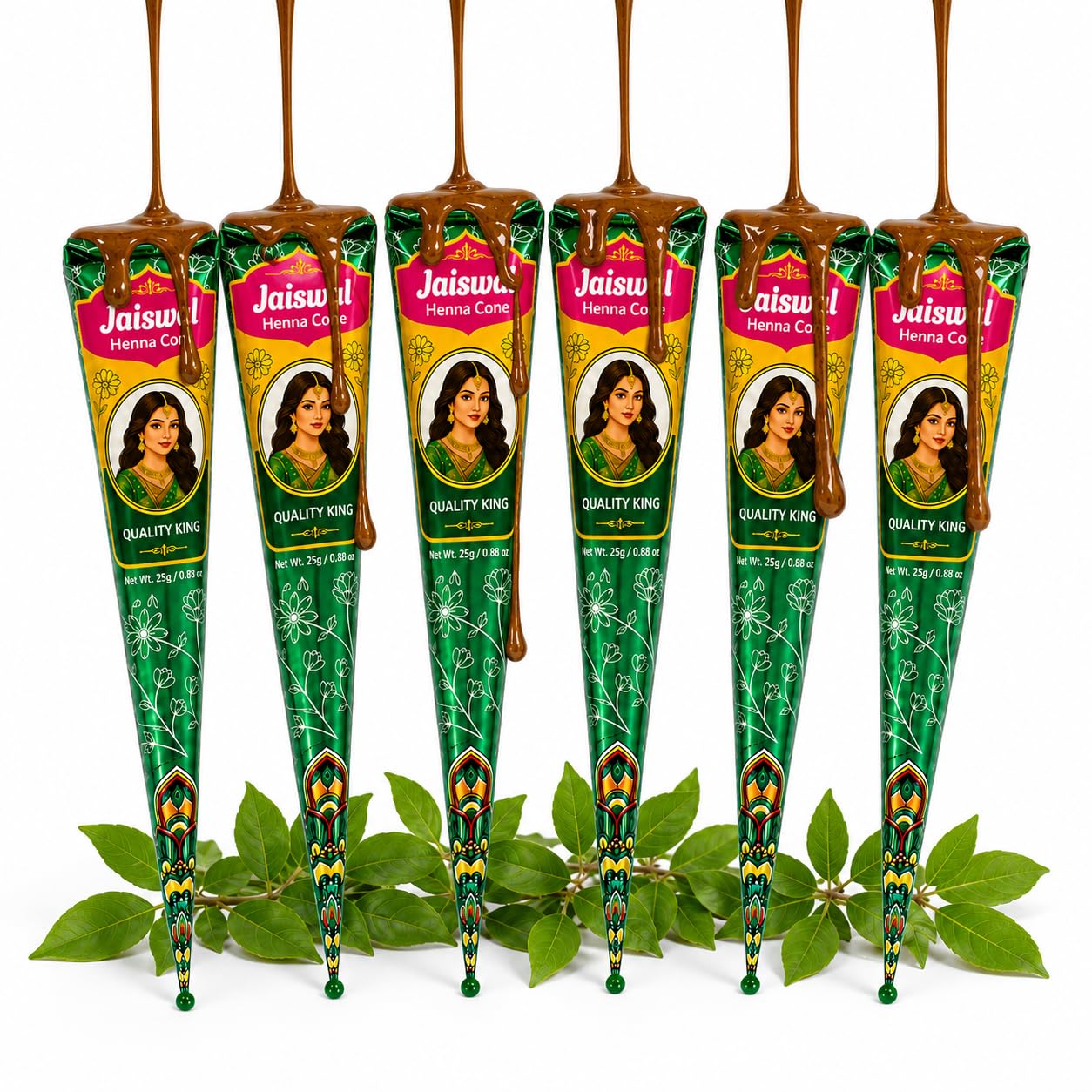 Jaiswal 100% Natural Henna Cones for Hair Color | Ready to Use Henna Leaves Paste Made with Essential Oils | Rich Reddish Brown | Pack of 6×26g | Gift Box for Festivals, Weddings-Hena