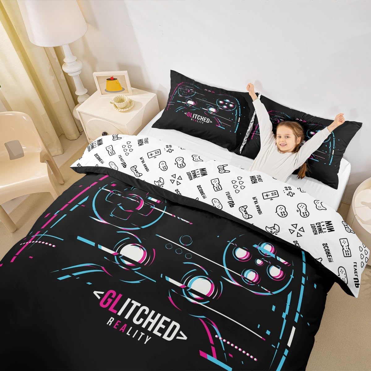 Erosebridal 3 Pcs Duvet Cover Set Full Size, Bright Flourescent Neon Gaming Soft Bedding Set for Kids and Adults, Video Game Gamer Comforter Cover with 2 Pillowcases for Bedroom Bed Decor image 3