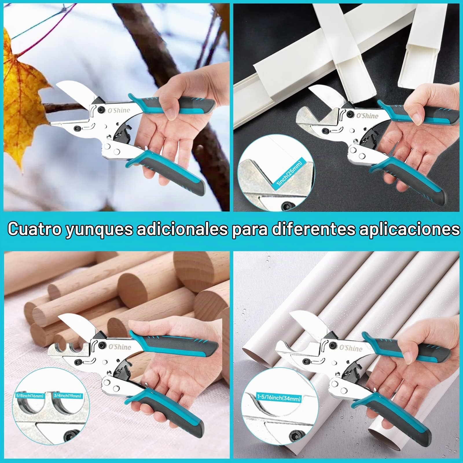O'Shine Tijeras de Inglete Profesionales Expert - Cortador Angular con Carraca, 4 Yunques Intercambiables, Incluye una Hoja SK5 de Repuesto, para PVC, Madera y Canaletas