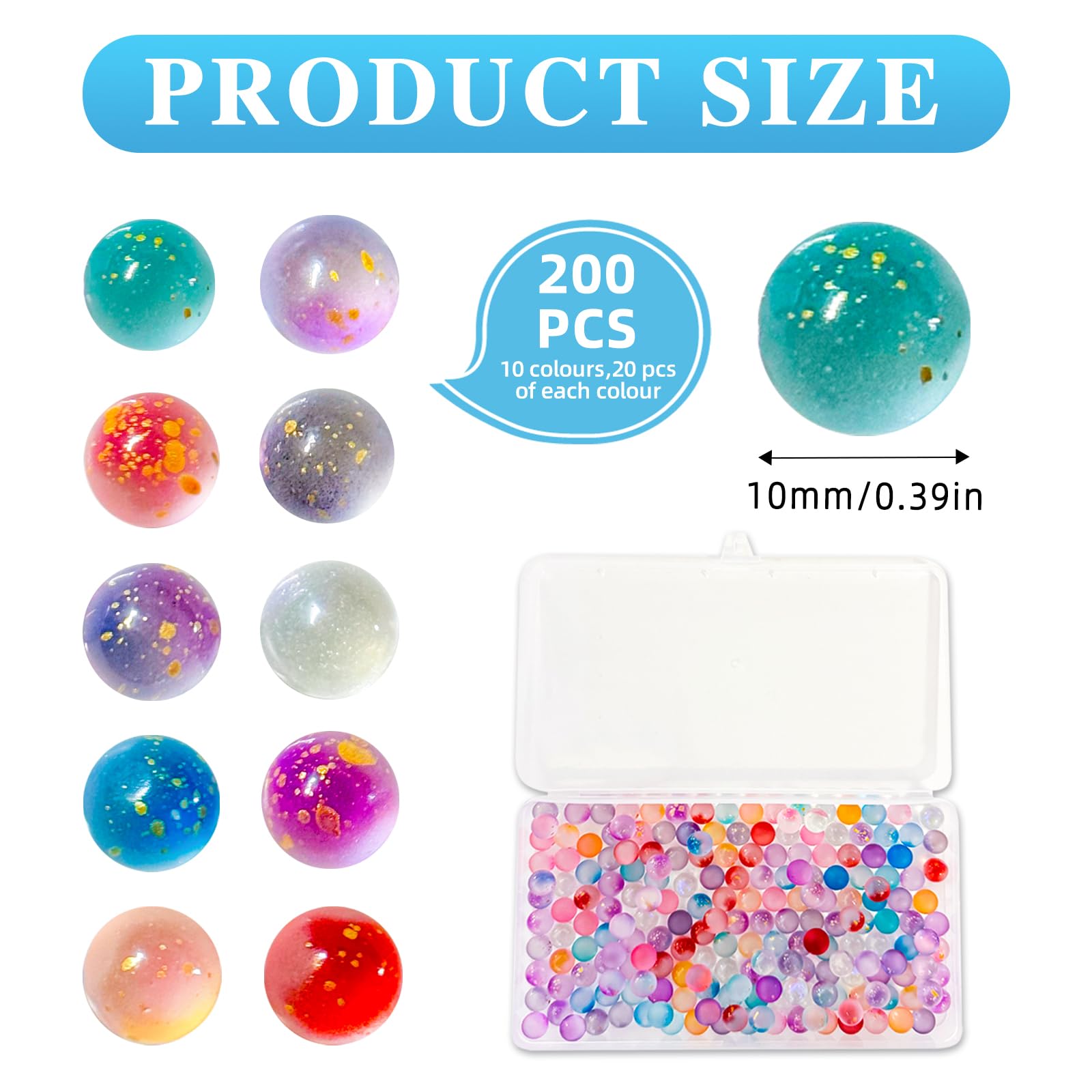 Parastar 200 sztuk kolorowych szklanych kulek 10 mm dla dzieci, z pudełkiem, wielokrotnego użytku, do gier w kulkach, projektów DIY, dekoracja domu (10 kolorów)