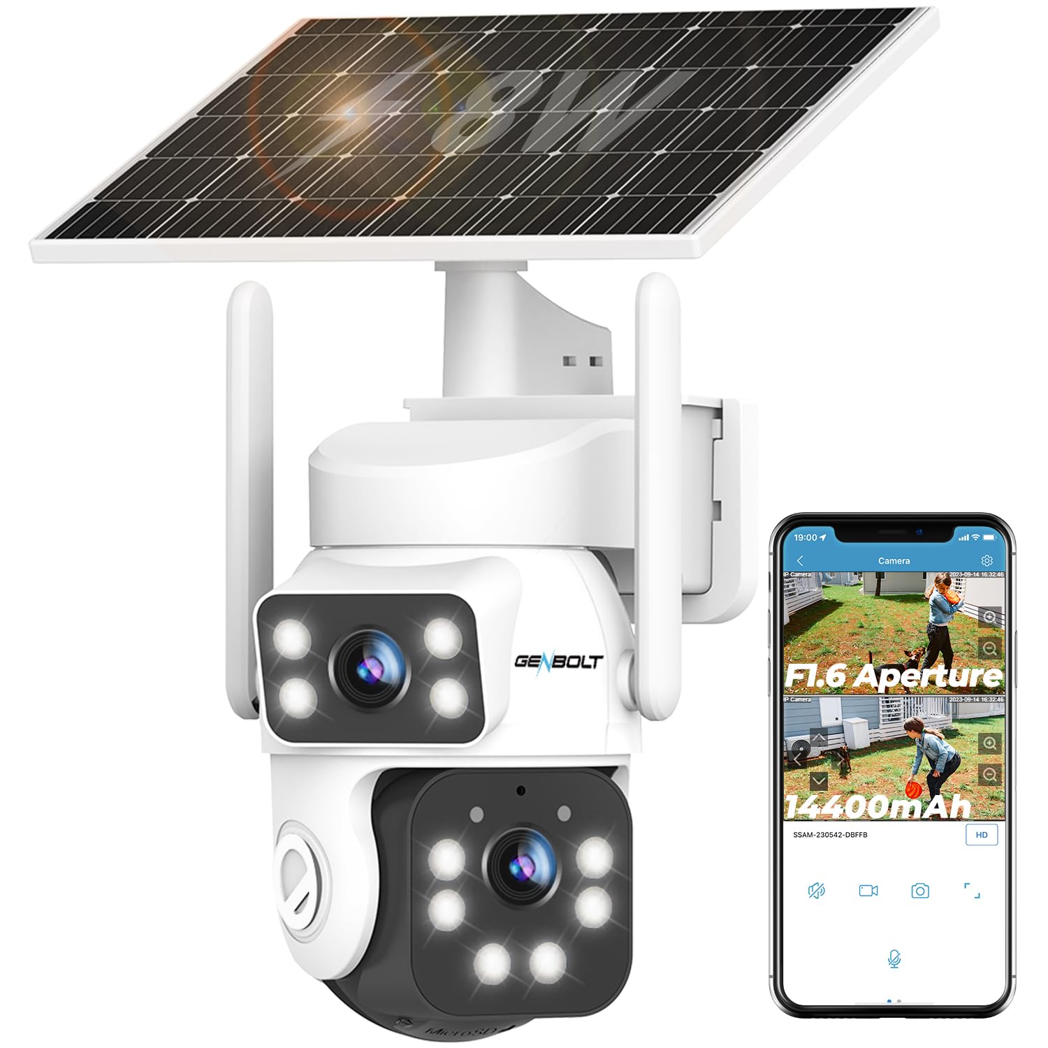 GENBOLT 2K AOV Telecamera Wi-Fi Solare Esterno Senza Fili Sicurezza Esterni | Doppio Obiettivo 3MP*2,Registrazione 7/24,CCTV Camera con Pannello Solare 8W 14400mAh,Videocamera Sorveglianza, IP66,2.4&5GHz