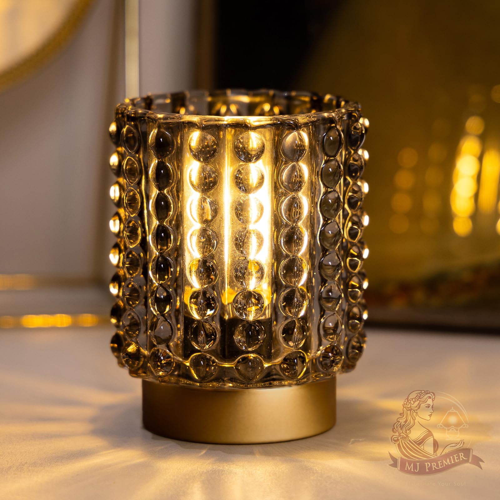 MJ PREMIER Batteriebetriebene Tischlampe mit Timer, Mini Glaslampe Kabellos, Kleine Kristall-Leuchte für Schlafzimmer, Bad, Flur, Regal – Ohne Steckdose Nutzbar, für Dekoration (Grau)