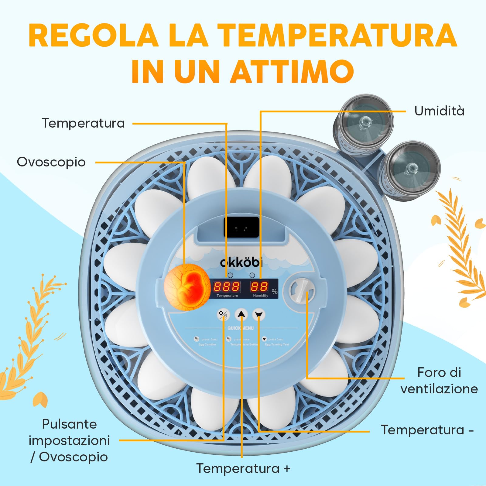 Incubatrice per Uova Automatica 12 Uova – Rotazione Automatica, Controllo Umidità, Mire-uovo Integrato, Bottiglie d’Acqua, Ventilazione, Visione a 360°