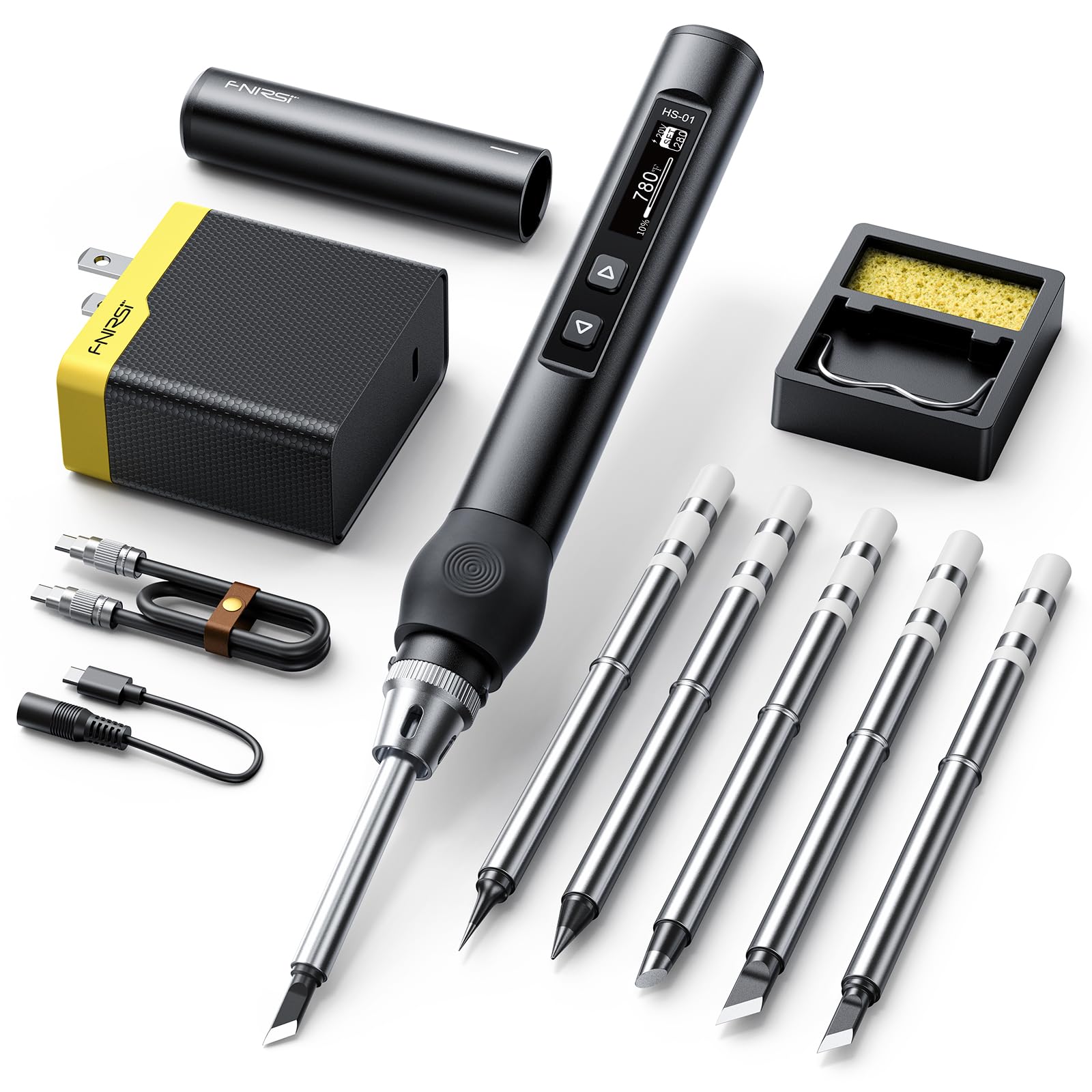 FNIRSI - Kit de soldador, DC/PD (96 W/65 W) Mini soldador digital, calentamiento rápido de 180-100 °F, 6 puntas de soldadura, visualización OLED digital, apagado automático (con adaptador de