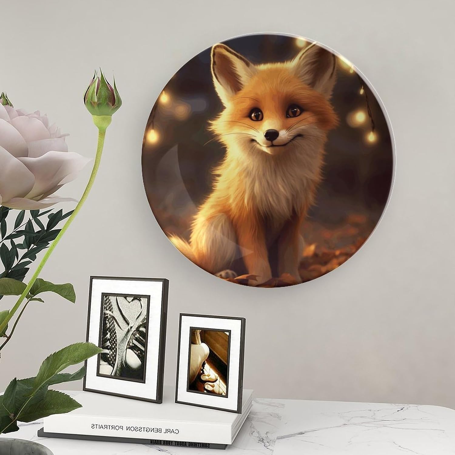 Cute Fox Bone China Decorative Plate with Display Stand, Ceramic Ornaments Plate for Wall Hanging, Personalized Porcelain Plates for Office, Living Room 8inch