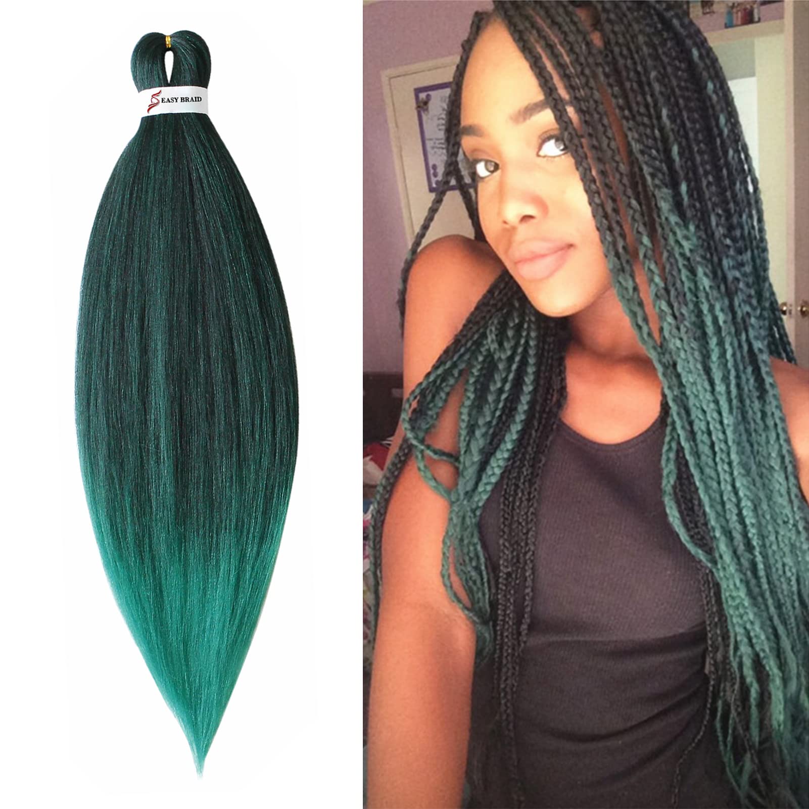 26" Extension Treccine Afro Capelli per Treccia Finta Pre Stretched Braiding Hair EZ Easy Braids Stirato Yaki Capelli Sintetici Lunghi Sintetici Ombre 1 Ciocche Nero&Verde