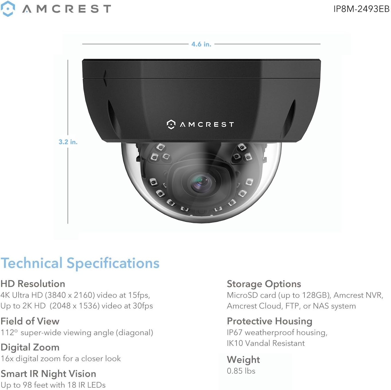 70% оƒƒ Evеrуthіng Amcrest 4K Outdoor POE IP Camera, UltraHD 8MP Security Camera, 3840x2160P Resolution, IK10 Vandal Resistant Dome, 2.8mm Lens, IP67 Weatherproof Security, Cloud & MicroSD Recording (IP8M-2493EB)