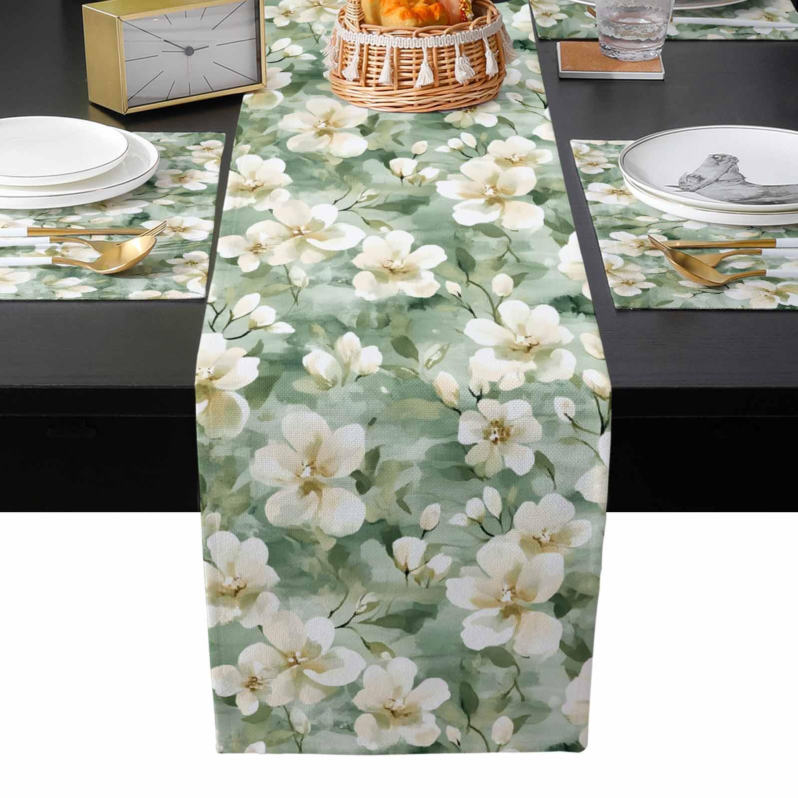 Huotupsine Sage Green Spring Floral Table Runner and Placemats Set of 2, Summer Botanical Farmhouse 72" x 16" Table Runner Set Farmhouse Dress Scarves