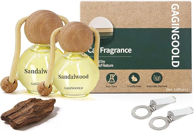 Car Air Freshener Hanging, 2 Pack Sandalwood Air Fresheners Diffuser for Car & Home, Odor Eliminator Car Freshener with Vent Clip, Long Lasting Up to 150 Days Car Freshener for Men & Women