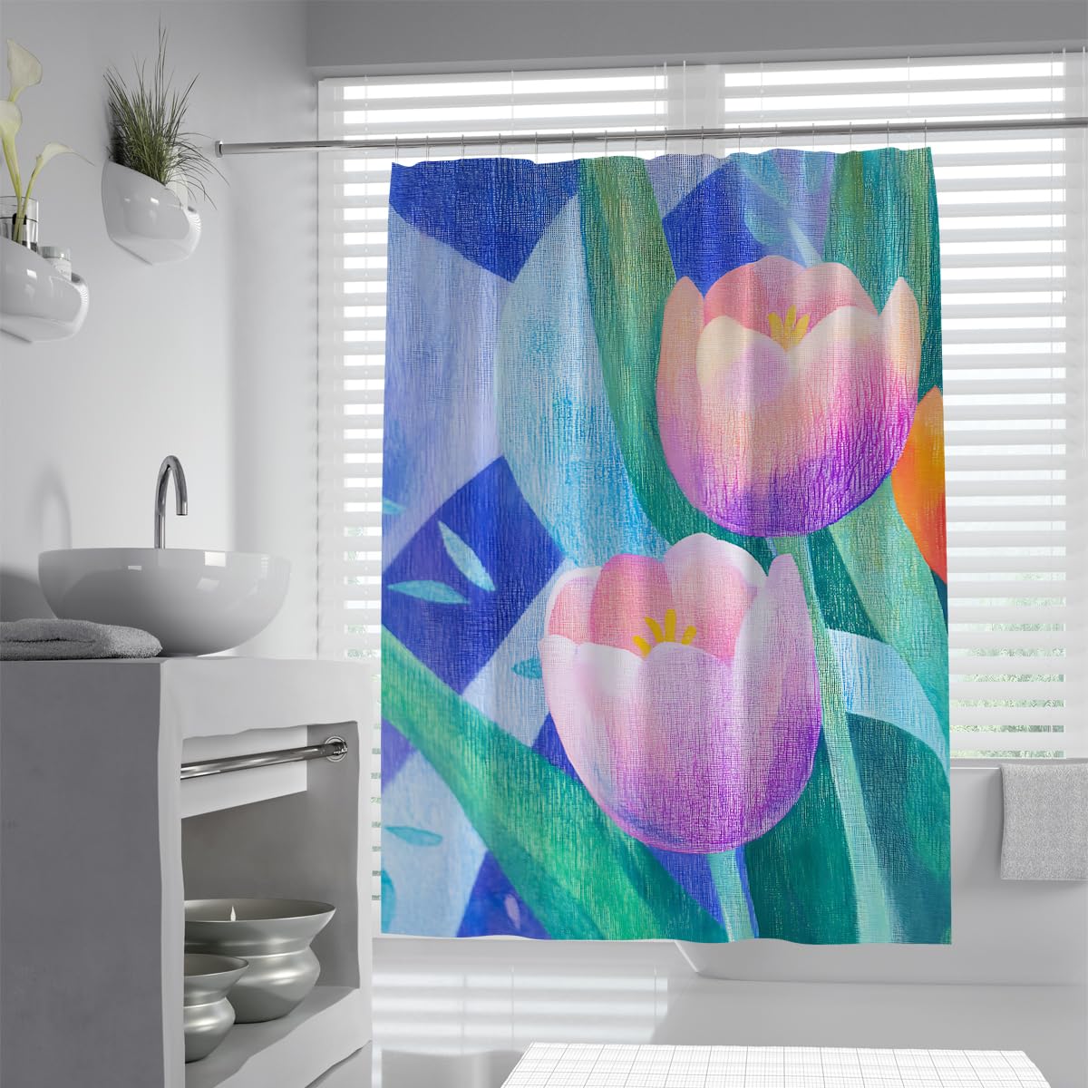 UIRINGART Artistic Abstract Tulip Shower Curtain W120xL200cm Pink Purple Flower Blue Geometric Background Mildew Resistant Waterproof Bath Curtains With Hooks