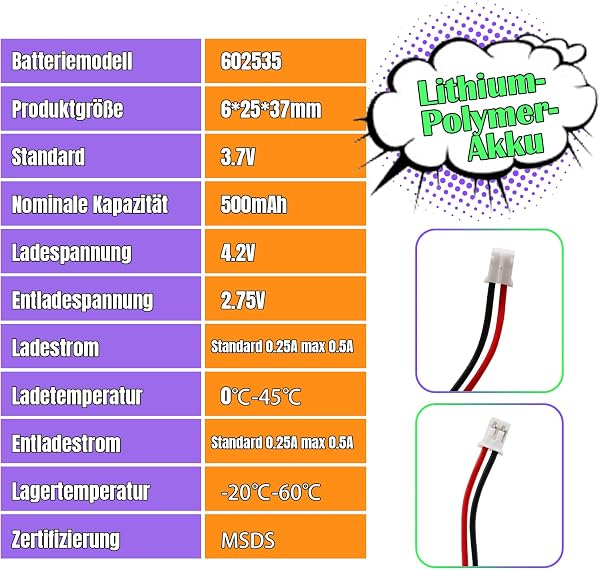 Battery 3.7V 500mAh 602535 Lithium-ion Li-Po Lithium-Ion Battery with 2P-PH connection with 2mm grid size - 4