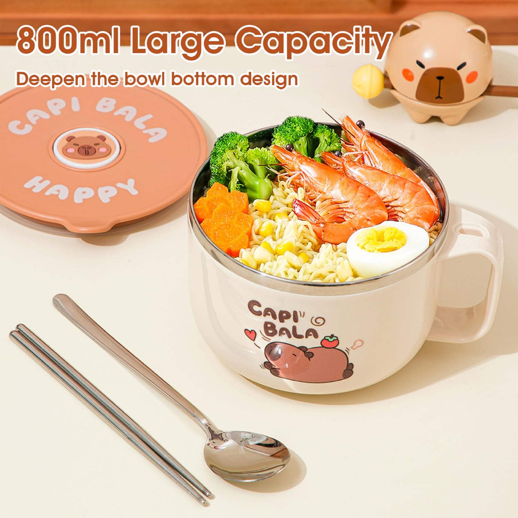 Ramen-Schüssel, mikrowellengeeignet, 800 ml, Capybara-Edelstahl-Suppenschüssel mit Deckel, Tasche und Geschirr, tragbarer Ramen-Kocher für Nudeln, Knödel, Salate, Instant-Nudeln