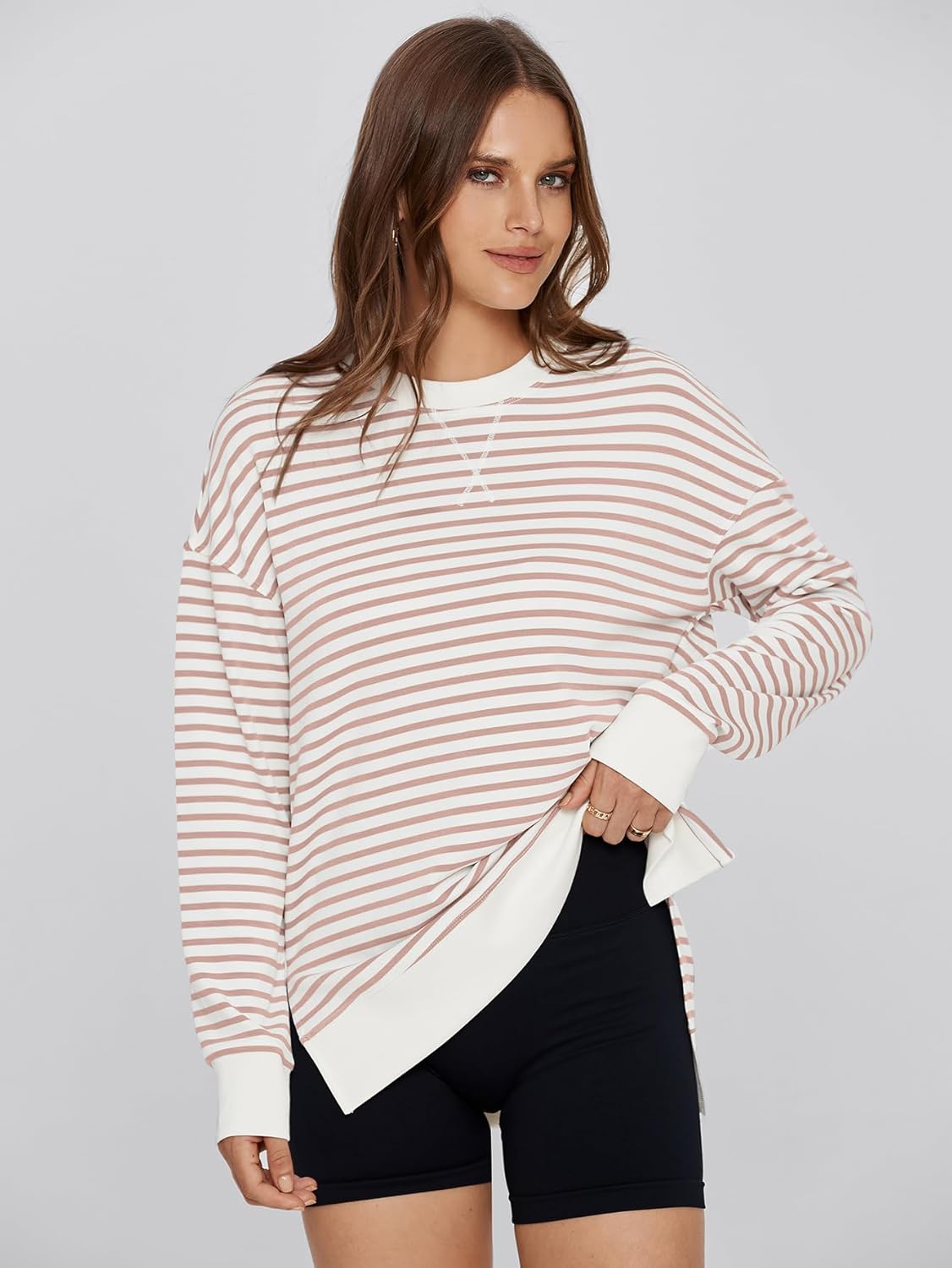 Simplee Womens Sweatshirt Long Sleeve Crewneck Striped Sweatshirt for Women 2024 Trendy Fall Tops Pullover Sweatshirts - Image 3