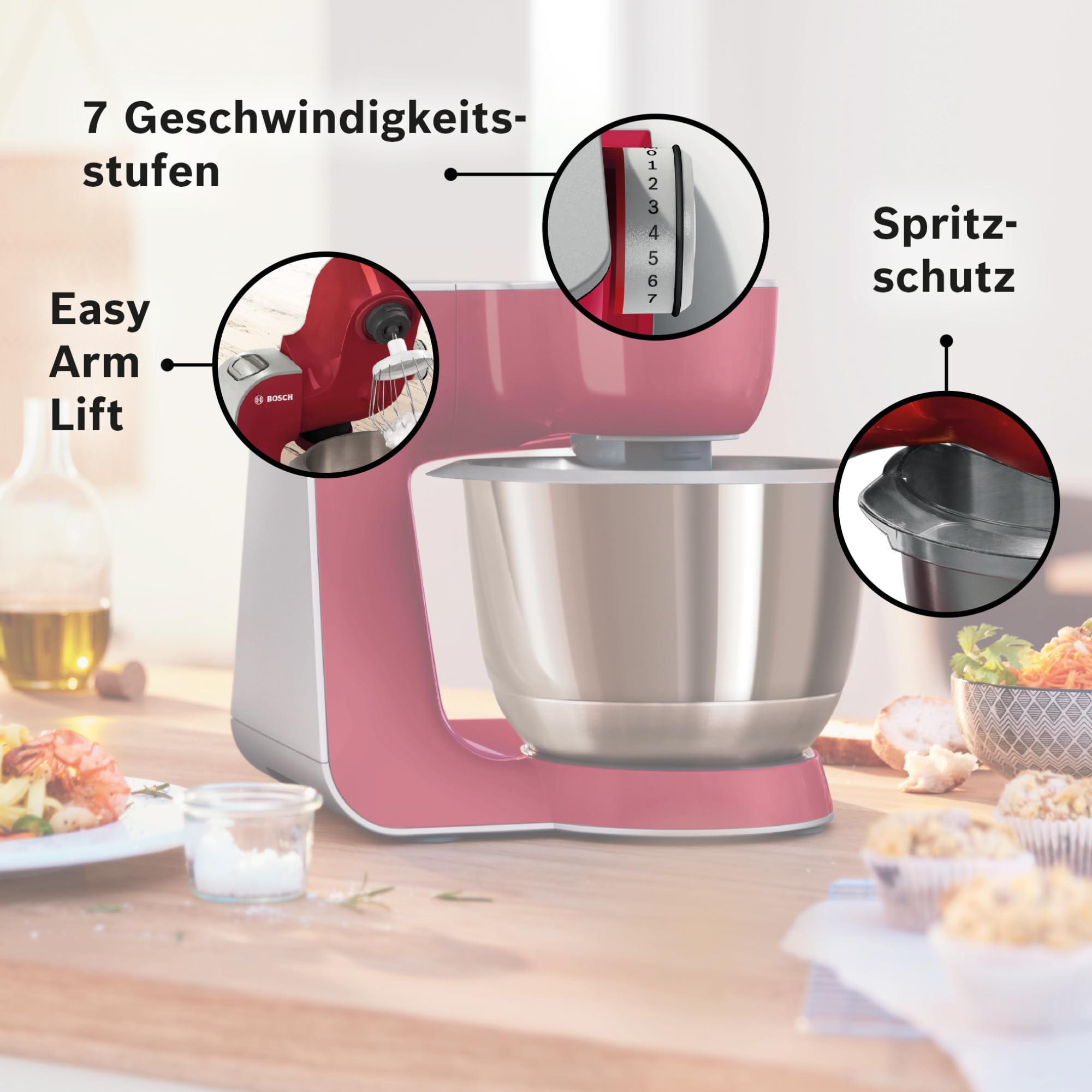 Bosch Küchenmaschine Serie 4, Edelstahl-Schüssel spülmaschinenfest, Planetenrührwerk, Durchlaufschnitzler, 3 Scheiben, 3 Rührwerkzeuge spülmaschinenfest, 1000 W, Made in Europe, rot, MUM58710