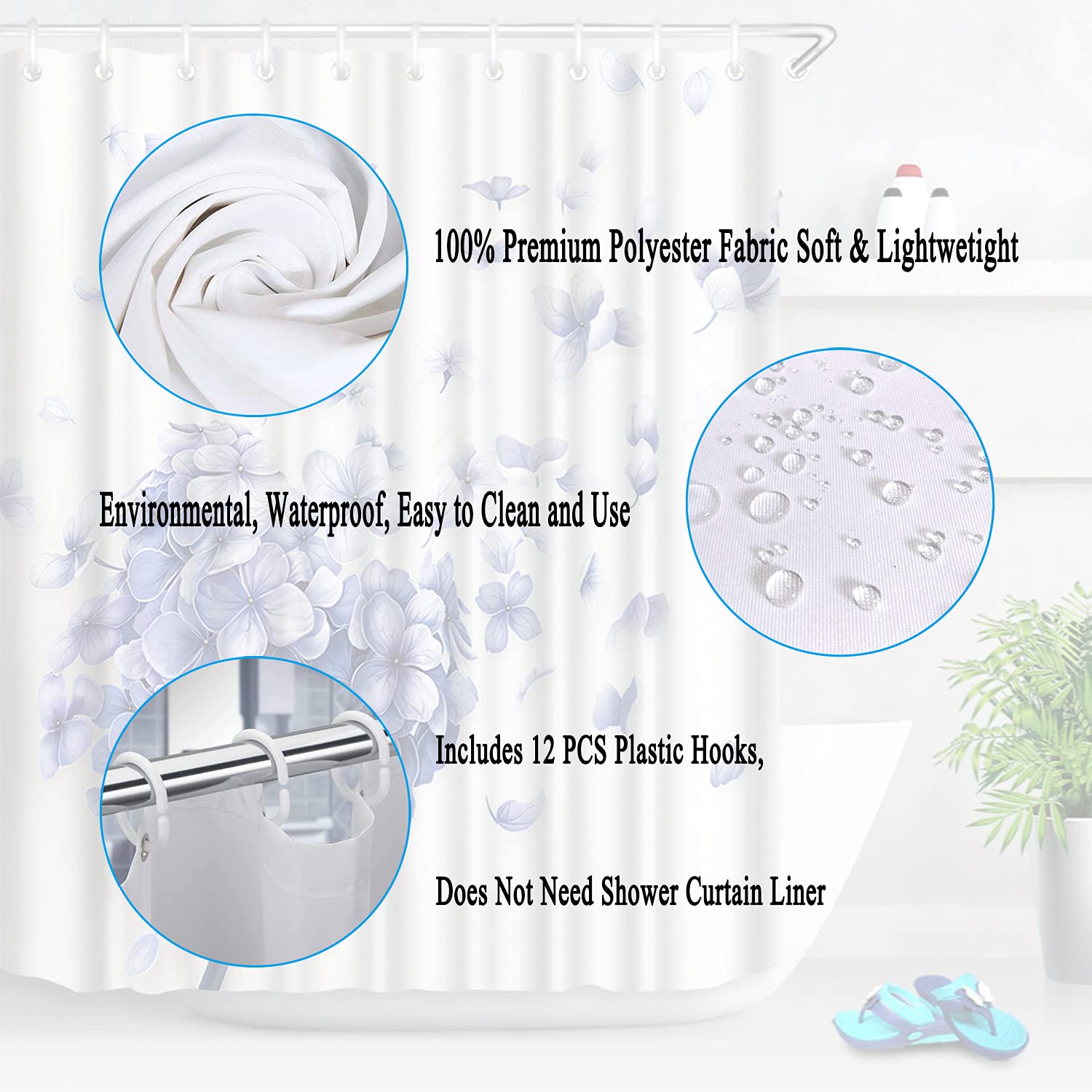 Glawry Duschvorhang-Set Mit Blauen Hortensien – Komplett-Set Fürs Bad Inkl. Matte, WC-Sitz Und Kissen