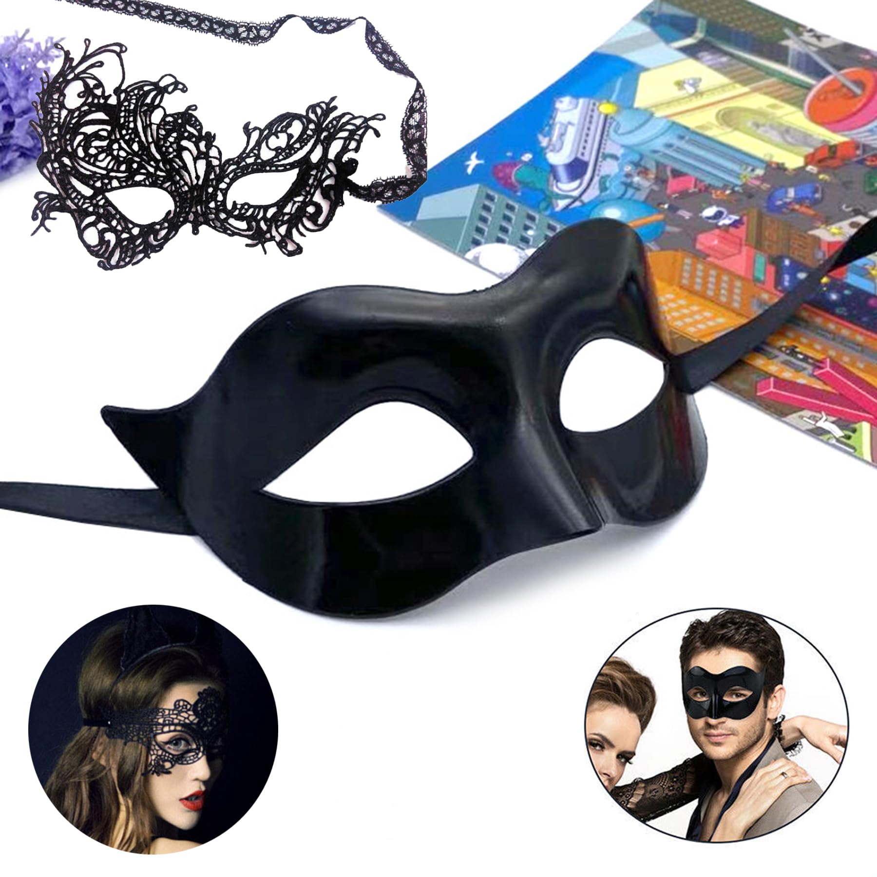 BAIYSFFG 4 PCS Costume Mask Elegant Prom Halloween Masquerade Party Mask for Couples Women and Men, Black - Image 4