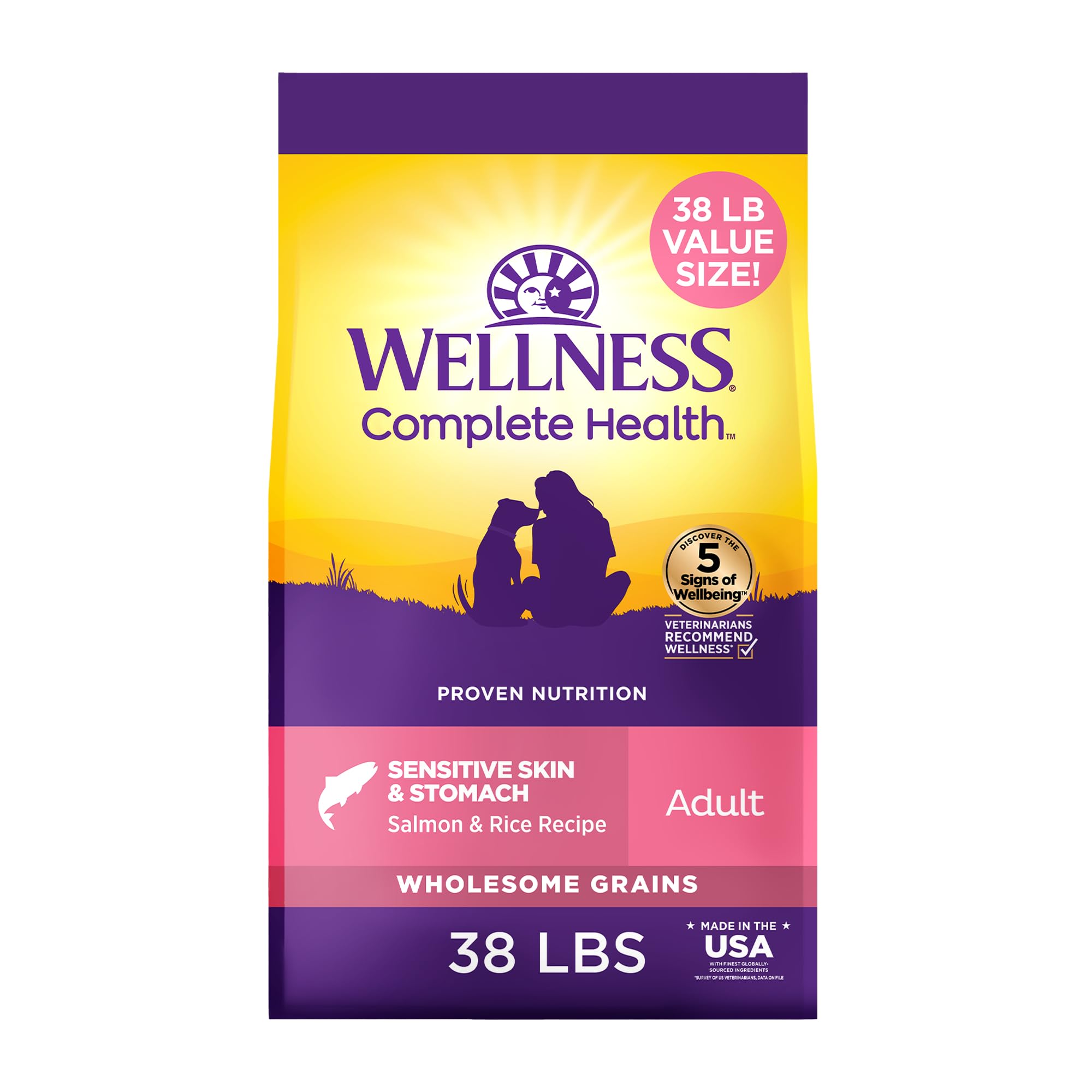 Wellness Complete Health Sensitive Skin & Stomach Dry Dog Food, Wholesome Grains, Salmon & Rice Recipe, (38-Pound Bag)