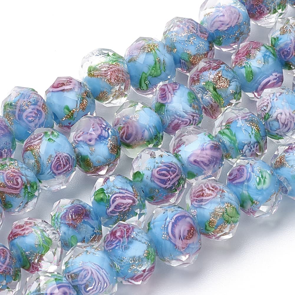 PH PandaHall 45pcs 9~12mm Gold Sand Lampwork Beads Glass Handmade Round Loose Beads for Rosary Making Jewelry Craft Making with 2mm Hole - Deep Sky Blue