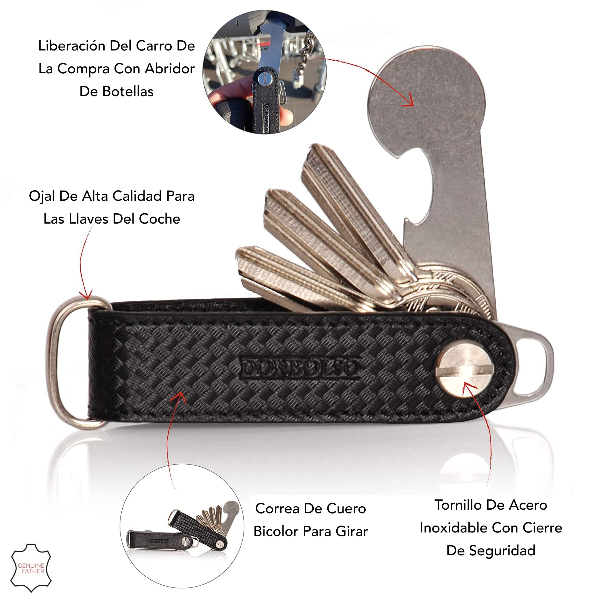 DONBOLSO Llavero One | Organizador Llaves con Liberación de Carro de la Compra | Porta Llaves para 1-7 Llaves | Tornillo de Acero Inoxidable | Carbono y Napa Negro
