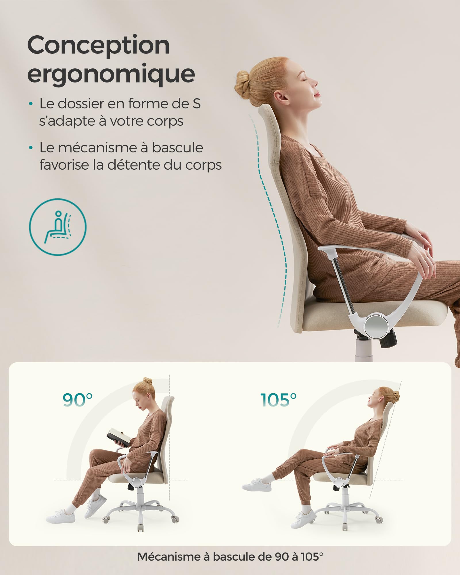 SONGMICS Fauteuil de Bureau, Chaise Ergonomique, Siège Pivotant, Assise Rembourrée, Réglable en Hauteur et Inclinable, Capacité de Charge 120 kg, Beige Cappuccino OBN034K01