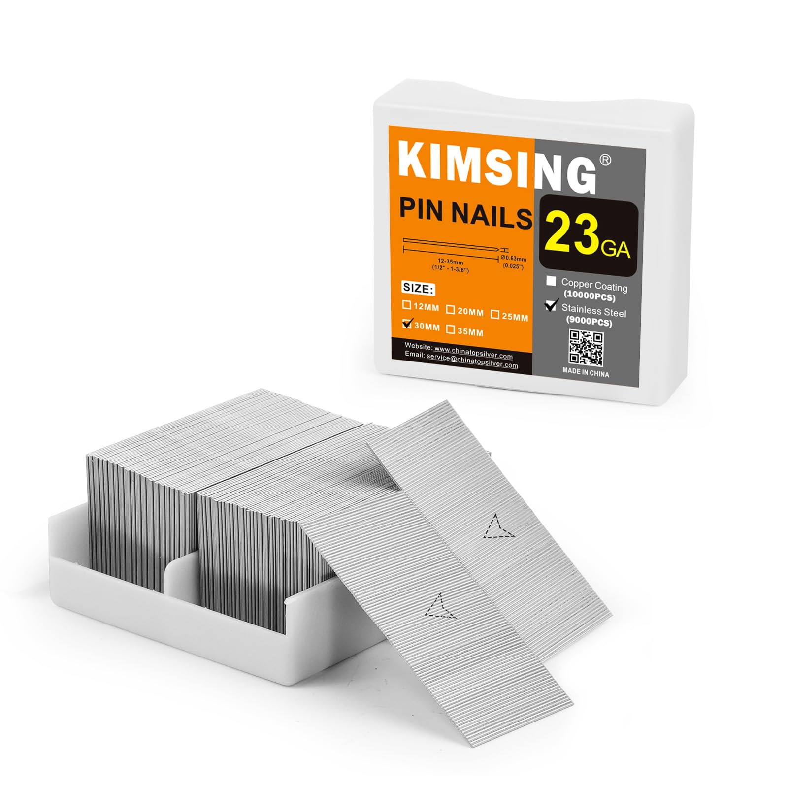KIMSING Mikro-Stiftnägel aus Edelstahl, 23 Gauge, 9.000 Stück/Box, 30 mm kopflose Stifte, passend für pneumatische Stiftnagler und Druckluft-Pinner für Möbel