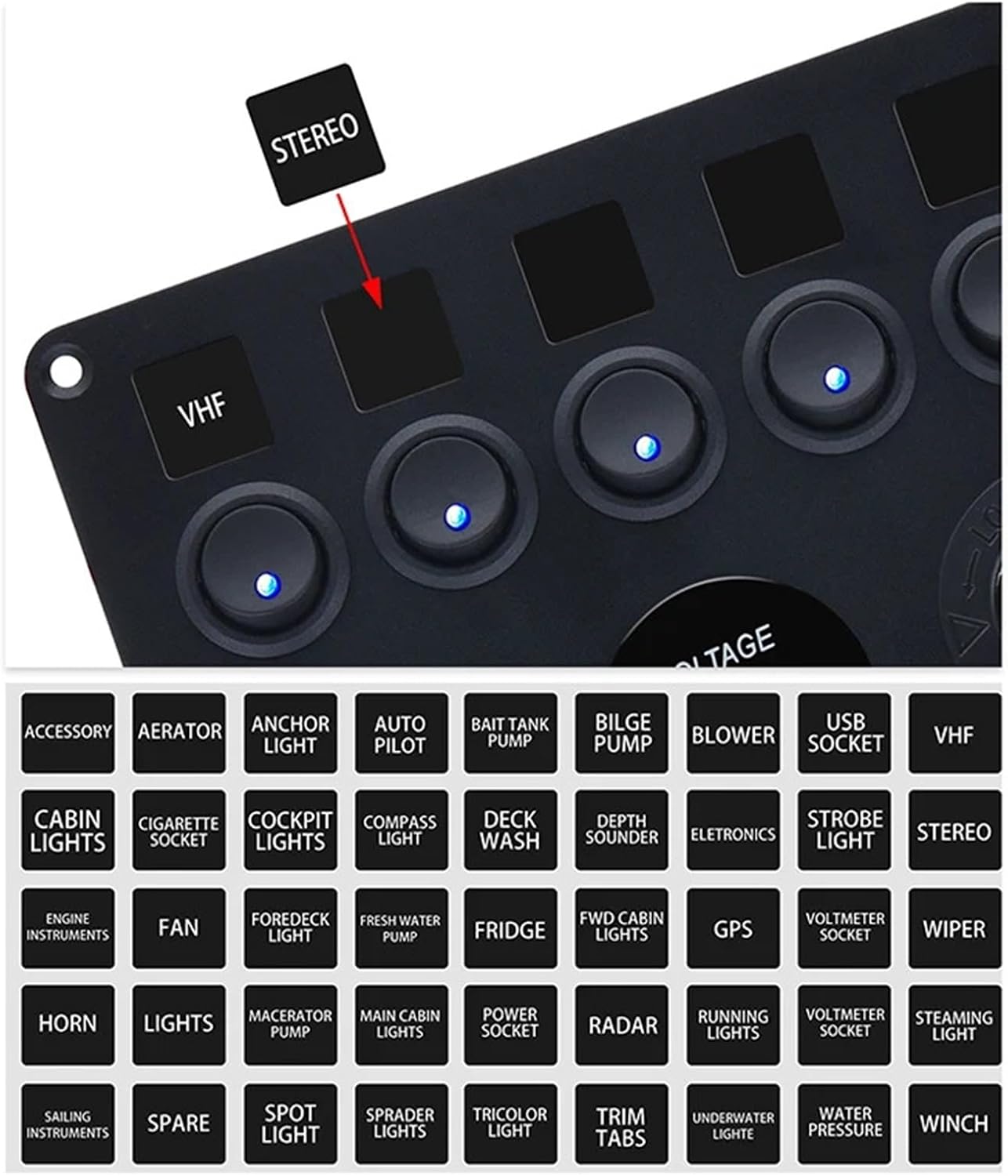 8 Gang Rocker Switch Panel for Boat Marine Car 12V 24V Waterproof On-Off 5pin 12v Led Panel Switch with Sticker Set(Green)