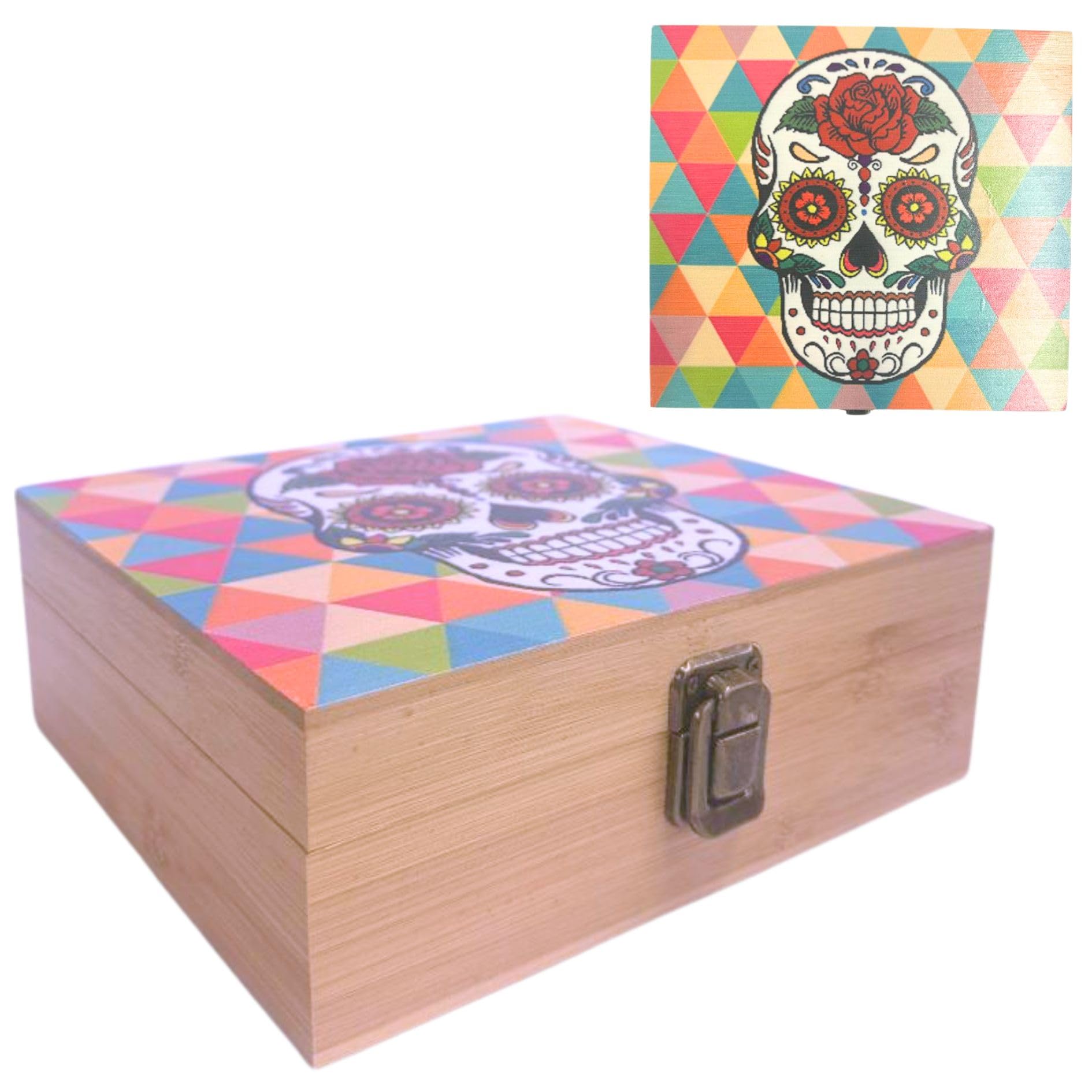 Smoker Rolling Stash Box Large King Size Paper Tips Crusher Storage Solution for Accessories & Organization Natural Premium Bamboo Wood wooden bamboo box Christmas fathers day (Rose Skull)
