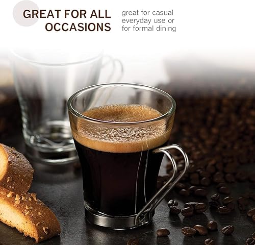 Vista 7 de Bormioli Rocco Oslo - Taza de vidrio templado de 7.5 onzas con mango extraíble de acero inoxidable para café, té, lattes y bebidas calientes, juego