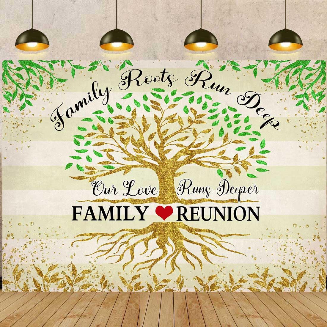 Gold Green Family Reunion Backdrop Family Tree Leaves Family Members Our Roots Run Deep Photography Background Family Gathering Party Decoration