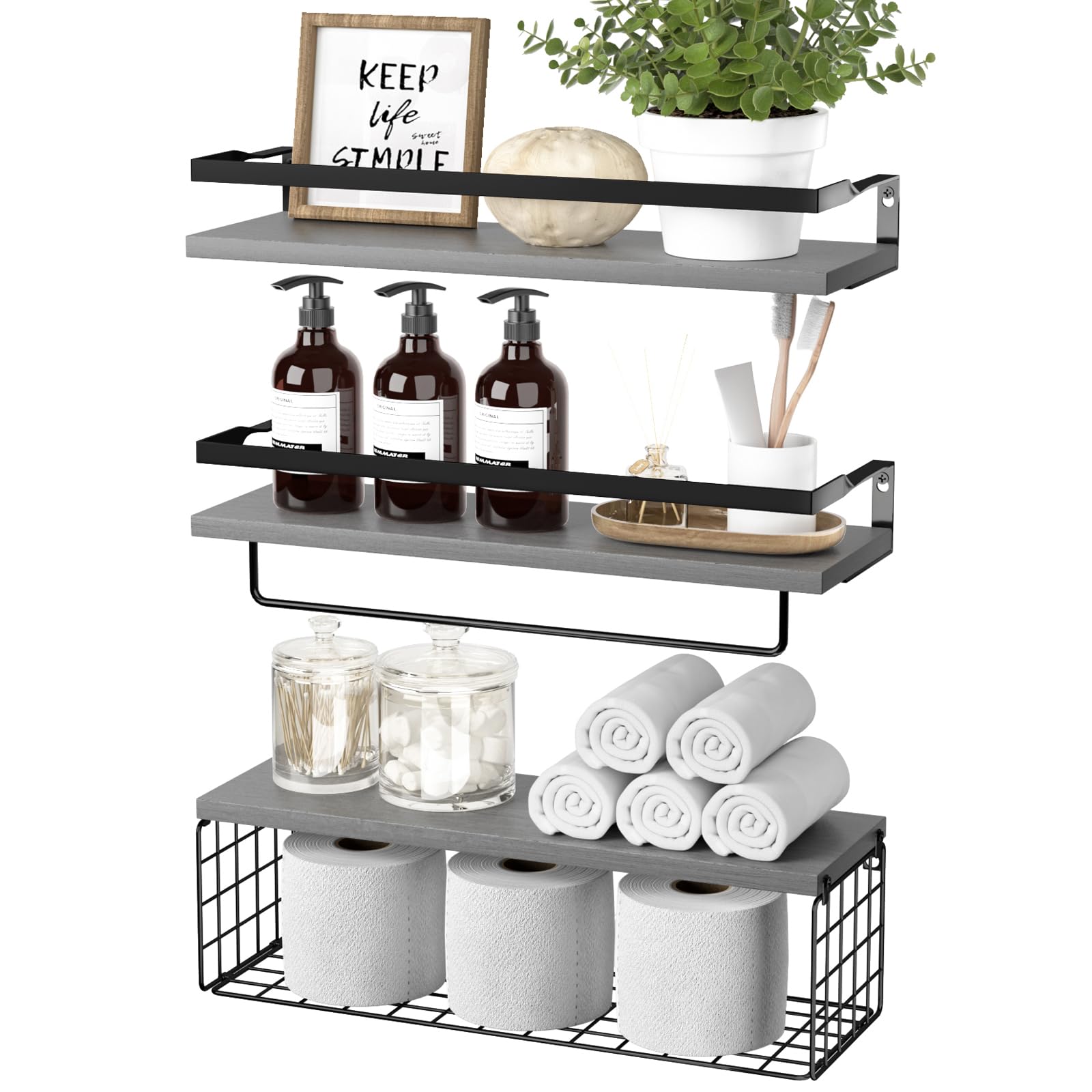 Floating Shelves with Storage Basket, Bathroom Shelves Over Toilet Paper Holder Storage Shelves, Wall Mounted Rustic Wood Shelves for Bathroom Decor, Bedroom, Living Room, Kitchen(Grey, Set of 3)