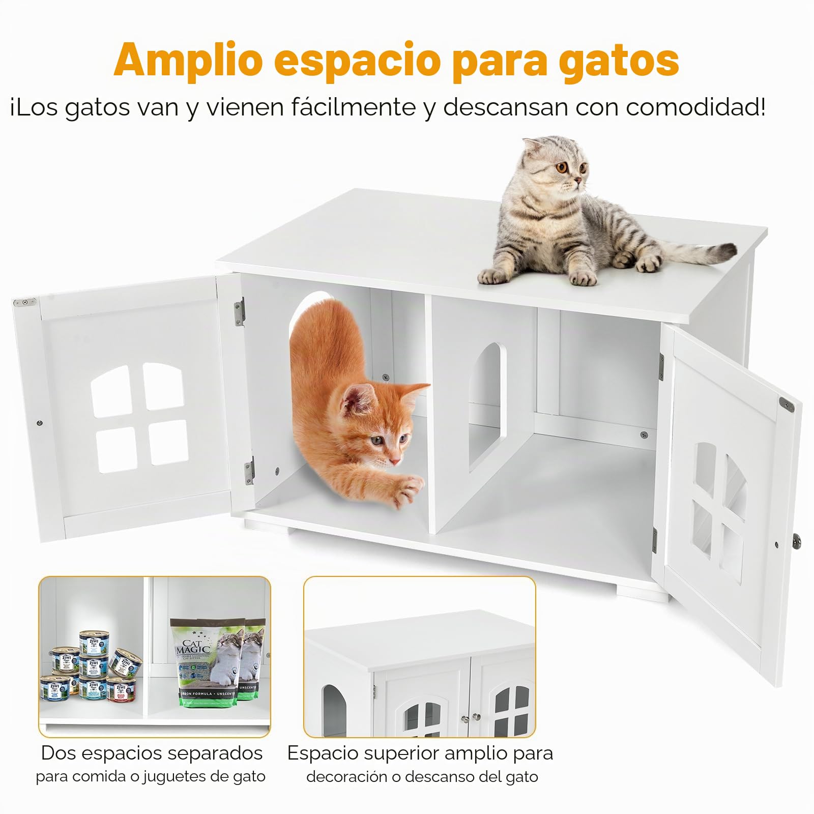 GOPLUS Casa para Gatos, Inodoro para Gatos con Separador Interior extraíble, Armario para Gatos con Orificio de Entrada y Ventana de Cruz y 2 Puertas magnéticas, 81 x 53 x 49 cm (Blanco)