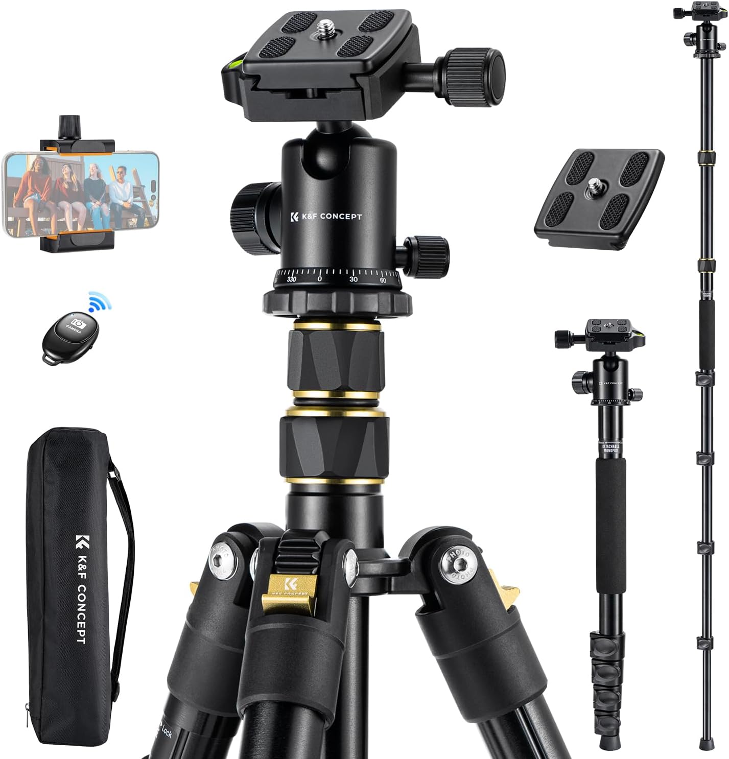 72"/184cm Camera Tripod, Lightweight and Compact Tripod with Ball Head, Travel Stand for DSLR with Phone Holder, Remote Control and Quick Release Plate*2, Load Capacity 10kg/22lbs