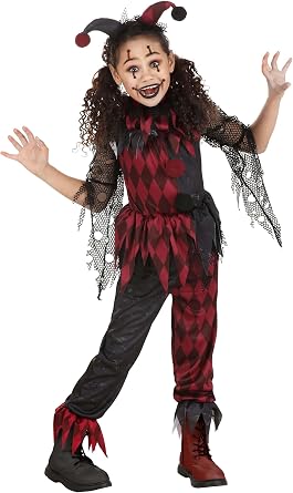 Kids Jinxed Jester Clown Costume, Spooky Black and Red Clown Outfit for Girls