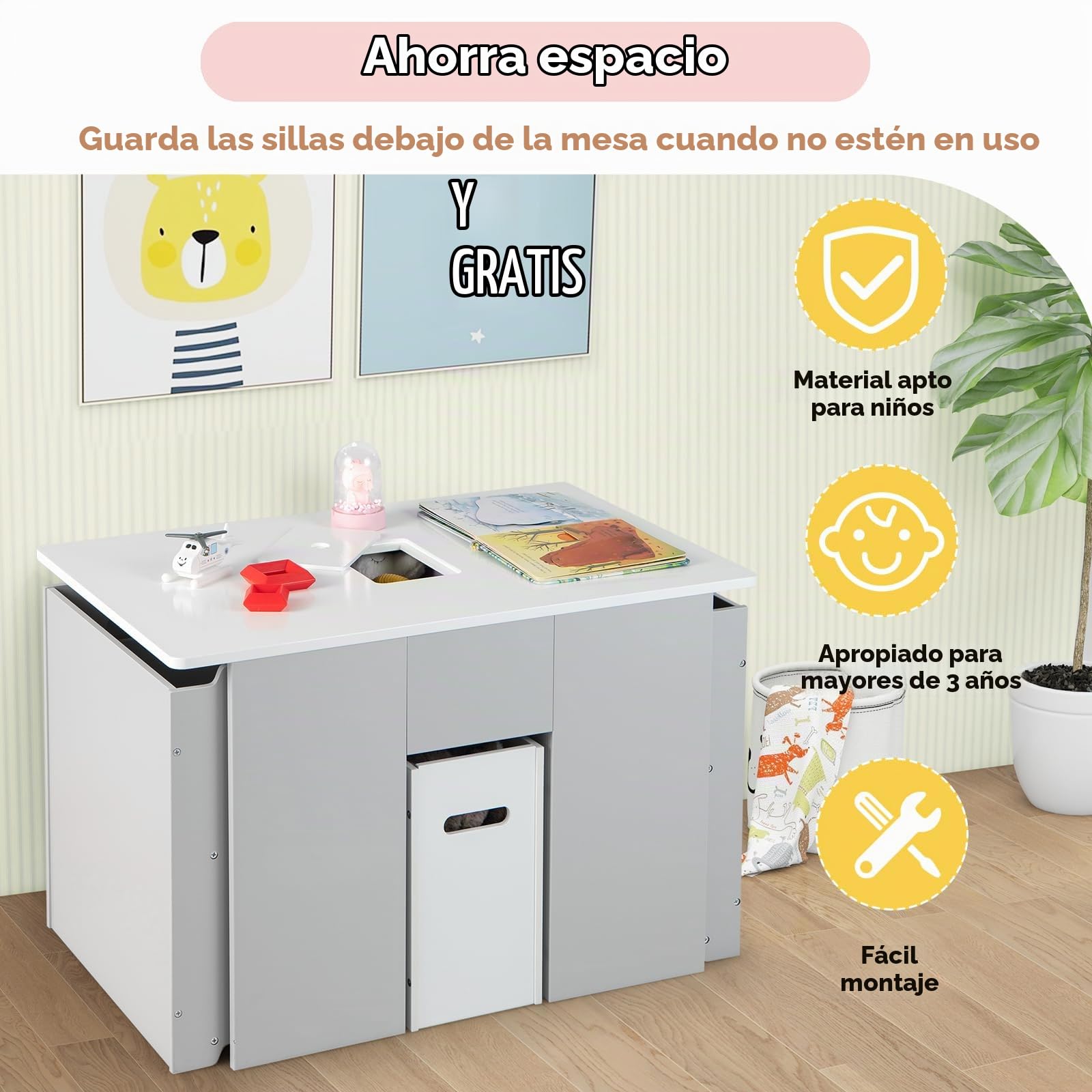 LIFEZEAL Mesa y Sillas Infantil Polivalente con Cubo Extraíble | Escritorio Infantil con 2 Sillas Apilables y Mueble de MDF para Niños