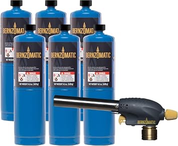 Bernzomatic QuickFire Outdoor Torch, High Output, Wind-Resistant Propane Hand Torch for Lighting Campfires, Grills, Smokers, Fire Pits, and other Outdoor Gatherings WT3301 + 6 Pack Propane