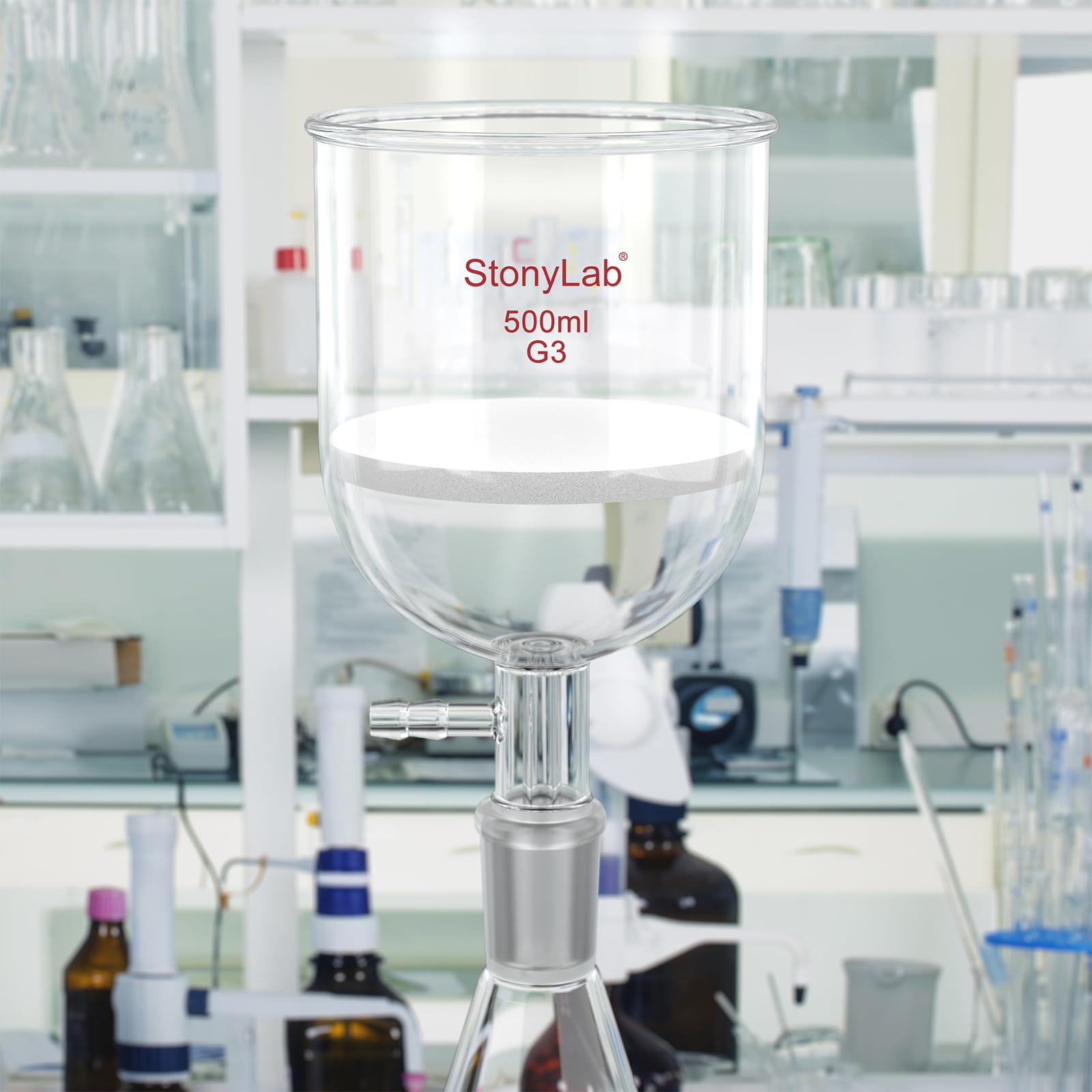 StonyLab Glas Buchner Trichter Filter, Borosilicatglas Vakuum Buchner Filtertrichter mit Feiner Fritte(G3), 94mm Scheibendurchmesser, 100mm Tiefe, mit 24/40 Standard Taper Innengelenk - 500ml