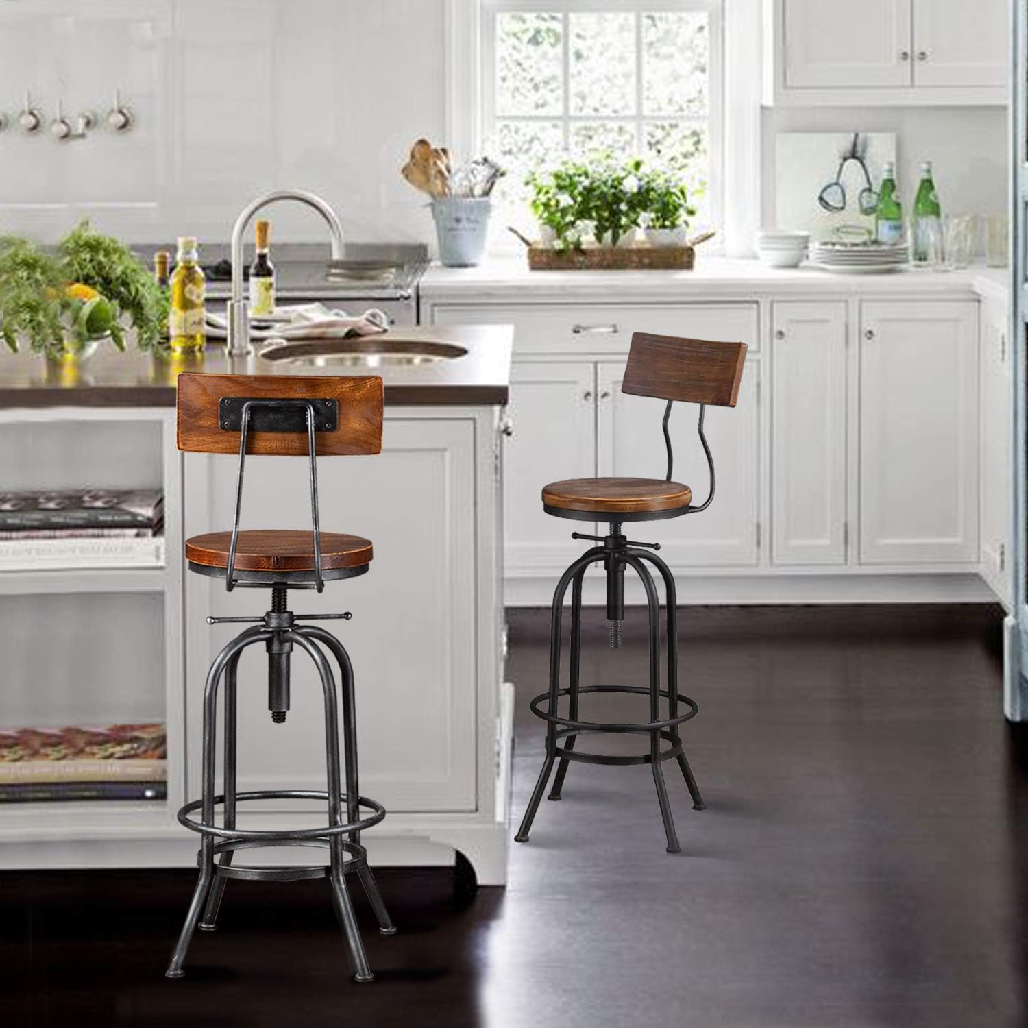 LOKKHAN Industrial Bar Stool-Adjustable Swivel Round Wood Metal Kitchen Stool-26-32.3 Inch-Rustic Farmhouse-Counter Height Extra Tall Bar Height Stool-Arc-Shaped Backrest,Welded,Set of 2