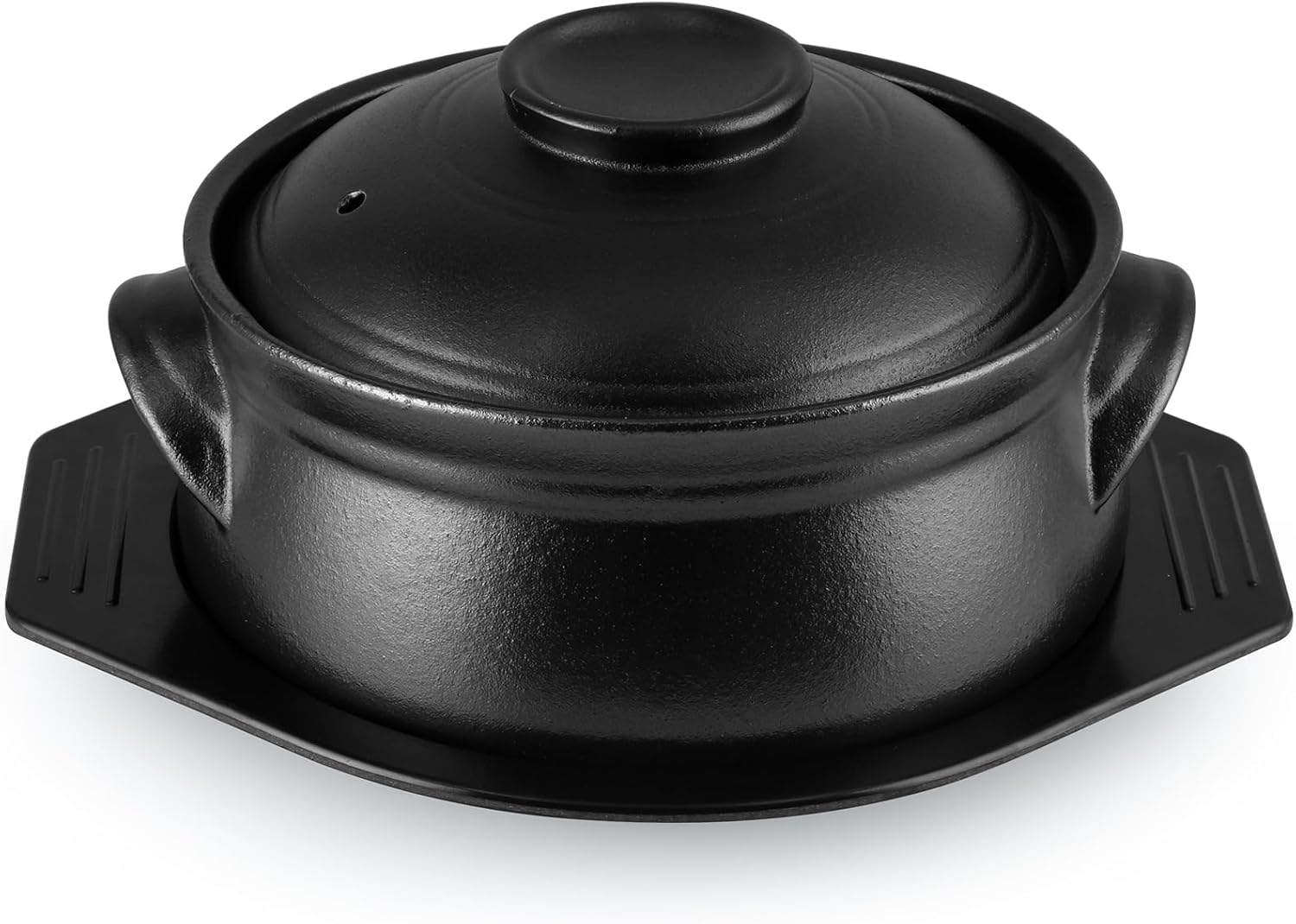 Large Korean Ceramic Bowl with Lid and Trivet, 54 oz Sizzling Hot Pot with Double Handles for Cooking and Serving Dolsot Bibimbap, Soup, Rice, Stew, Casserole, Noodle (Frosted Black)