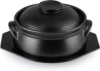 Sanbege Large Korean Ceramic Bowl with Lid and Trivet, 54 oz Sizzling Hot Pot with Double Handles for Cooking and Serving Dolsot Bibimbap, Soup, Rice, Stew, Casserole, Noodle (Frosted Black)