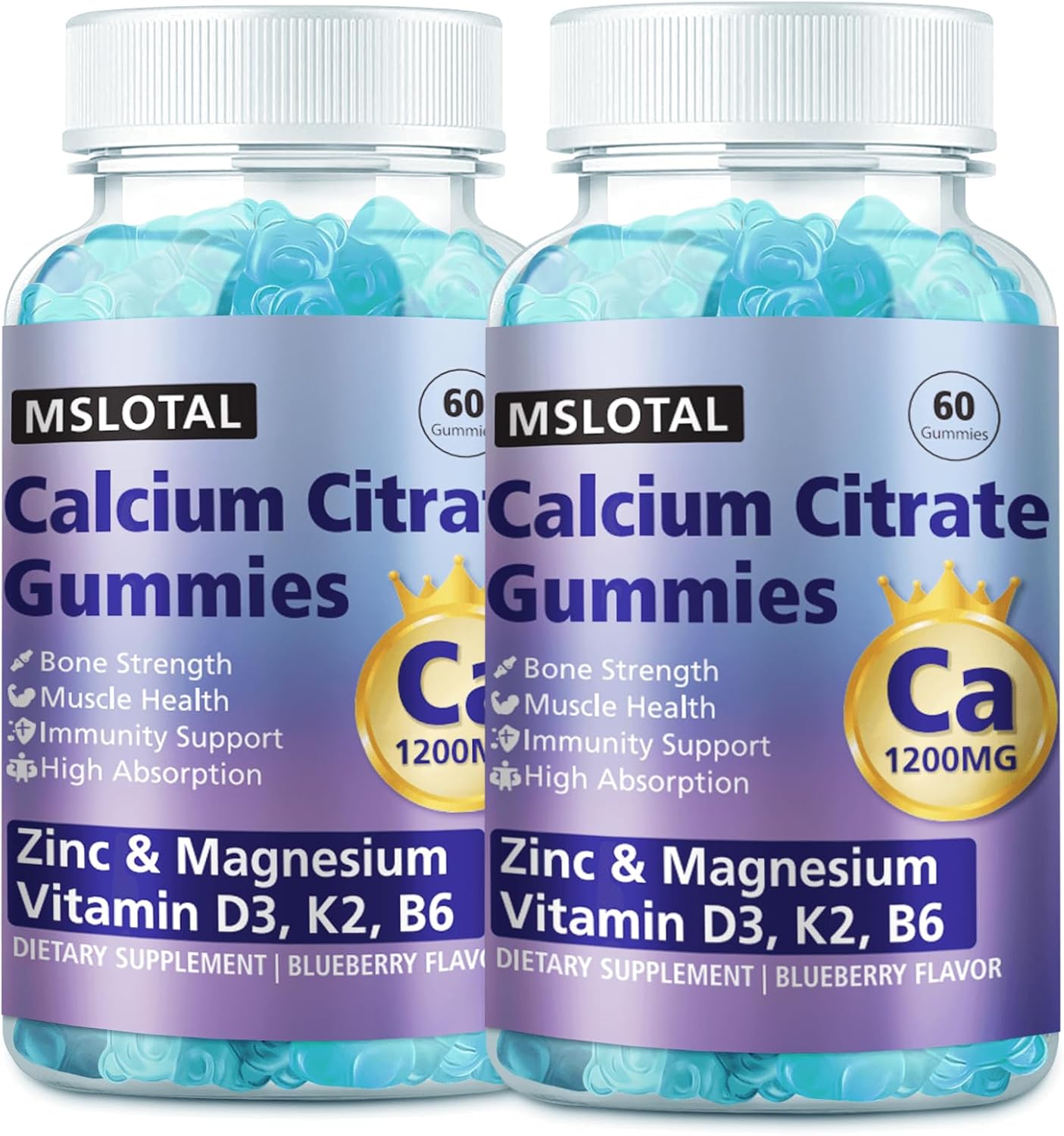 Calcium Citrate Gummies, Calcium 1200mg with Vitamin D3, B6, B12, Magnesium Zinc Calcium Supplements for Women and Men, Support Bone & Muscle Health, 120 Chews Blueberry Flavor
