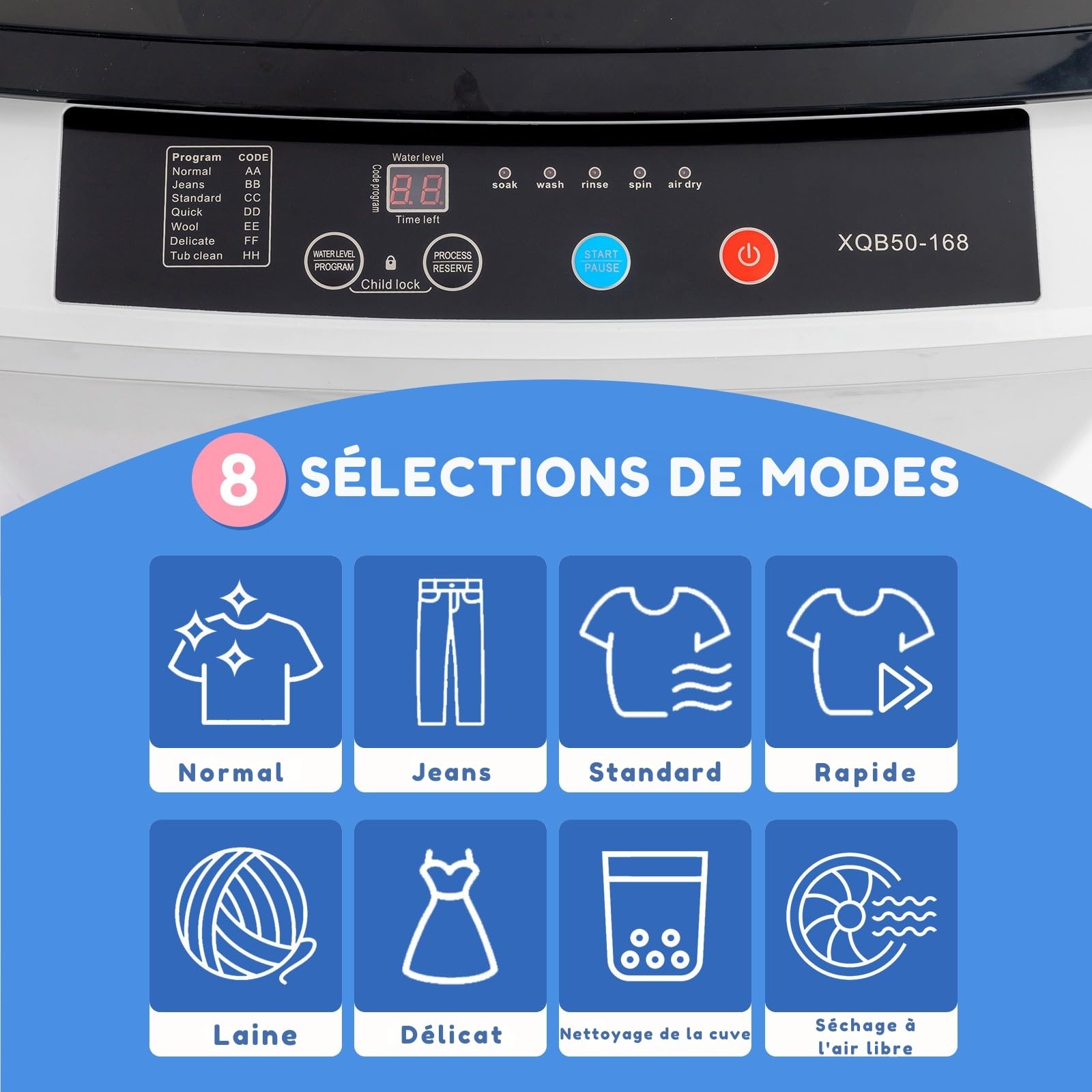 LEADZM Mini Machine à Laver lave linge (5KG) | Puissance de 400W, Lave-linge top avec Panneau de Commande Multifonction, avec Pompe de Drainage