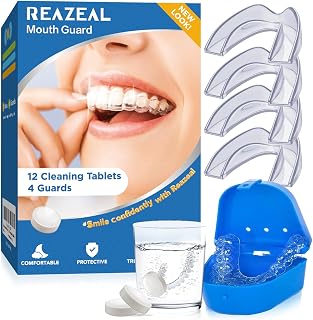 REAZEAL Moldable Mouth Guard for Teeth Grinding at Night - 4 Dental Night Guards with 12 Cleaning Tablets & Case