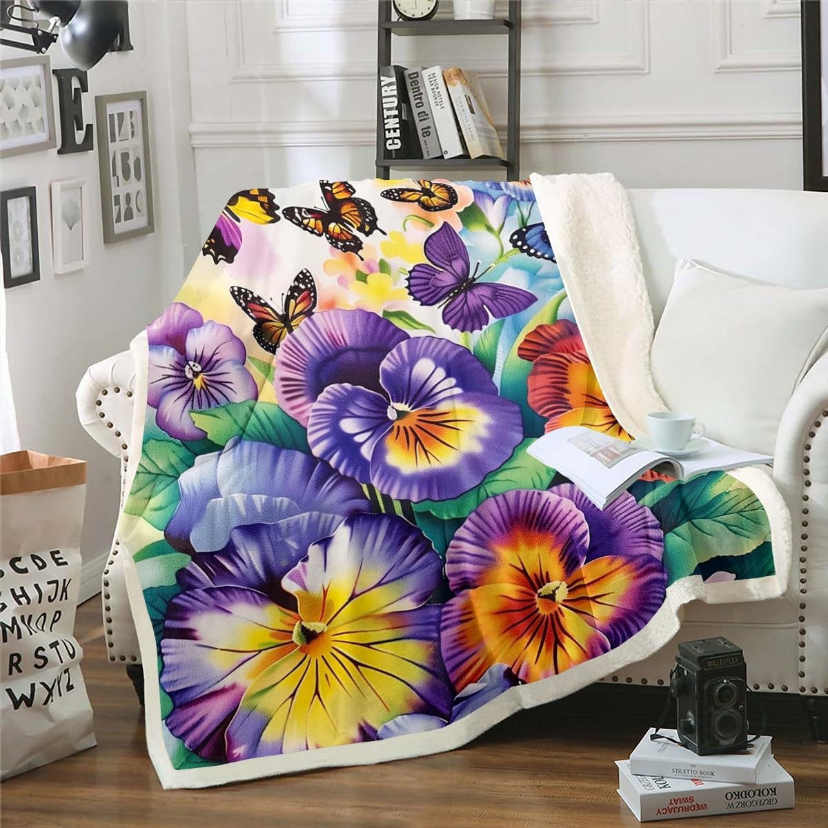 Erosebridal Garden Daffodil Fleece Bed Blanket Country Farmhouse Throw Blanket Queen 90"X90" Colorful Butterfly Floral Sherpa Blanket for Kids Girls Spring Flowers Fuzzy Blanket Soft Lightweight