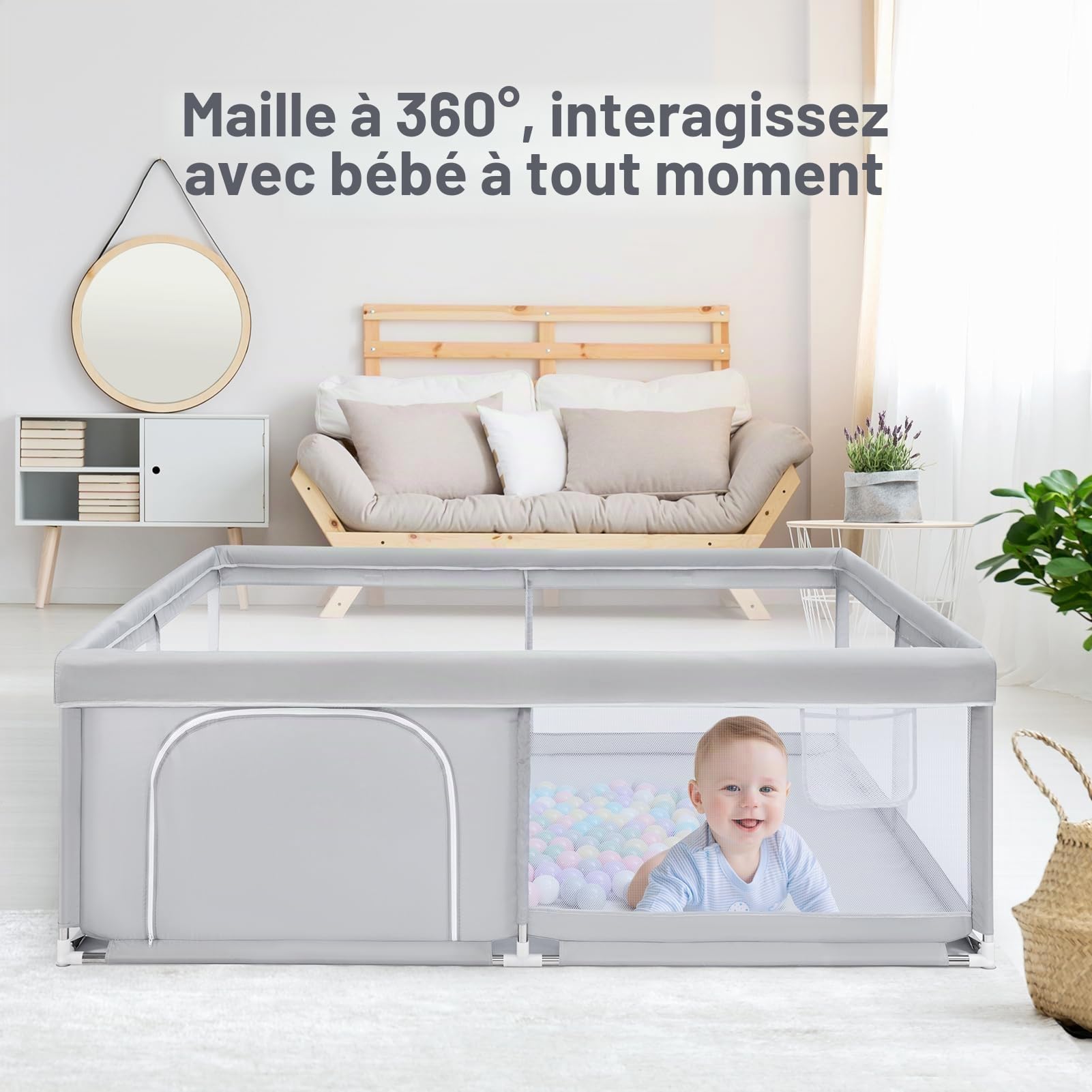 BEJOY Grand Parc pour Bébé, XXL 180x200cm Compact et Solide, Protection en Mousse, Parc de Jeu de Sécurité Antidérapant avec Porte à Fermeture Éclair Ronde en Maille Respirante Centre D'activités