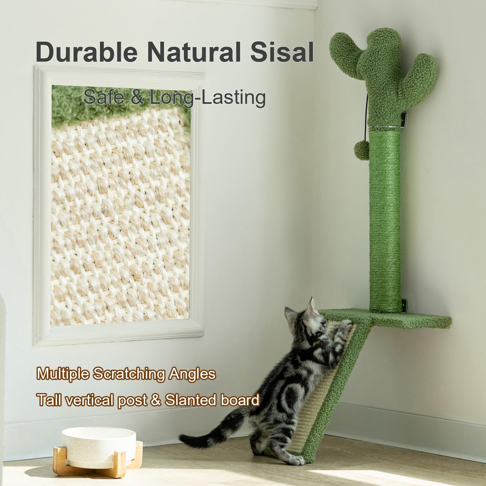 Wall Mounted Cat Scratcher with Jump Platform – Tall, Stable Cat Wall Furniture with Sisal Post for Climbing and Scratching – Cactus Design for Indoor Cats - image 4
