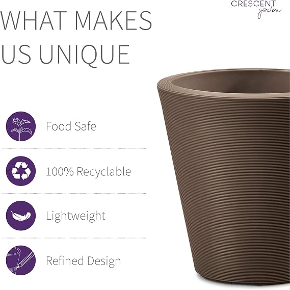Crescent Garden Madison Planter Weather-Resistant, Double Walled Indoor/Outdoor Plant Pot with Drain Hole Durable All-Season Flower Container, 14 W (Bark)