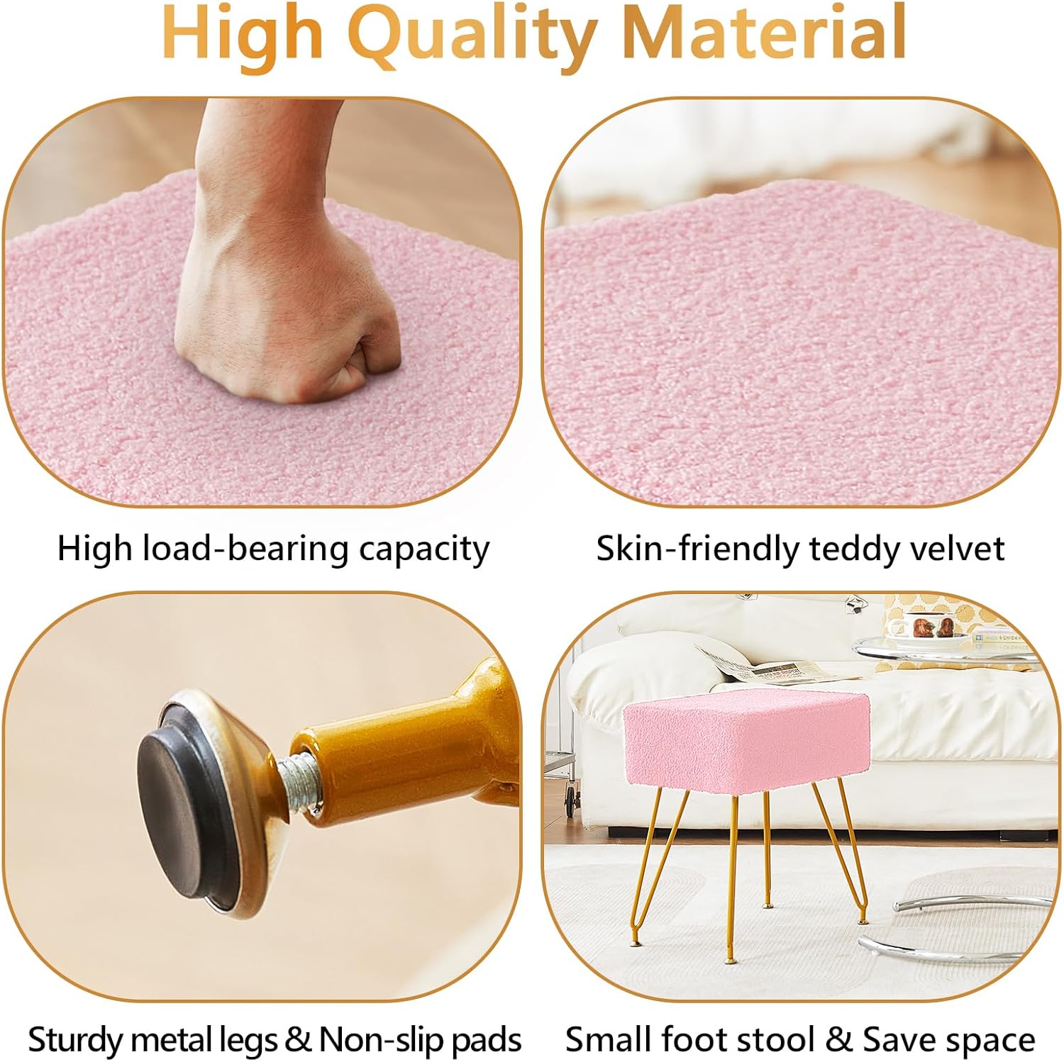 Teddy Velvet Stool Chair, Footrest Footstool Ottoman, Small Side Table, with 4 Metal Legs, Step Modern Stool, Anti-Slip Feet, for Living Room, Makeup Room, Bedroom(Pink)