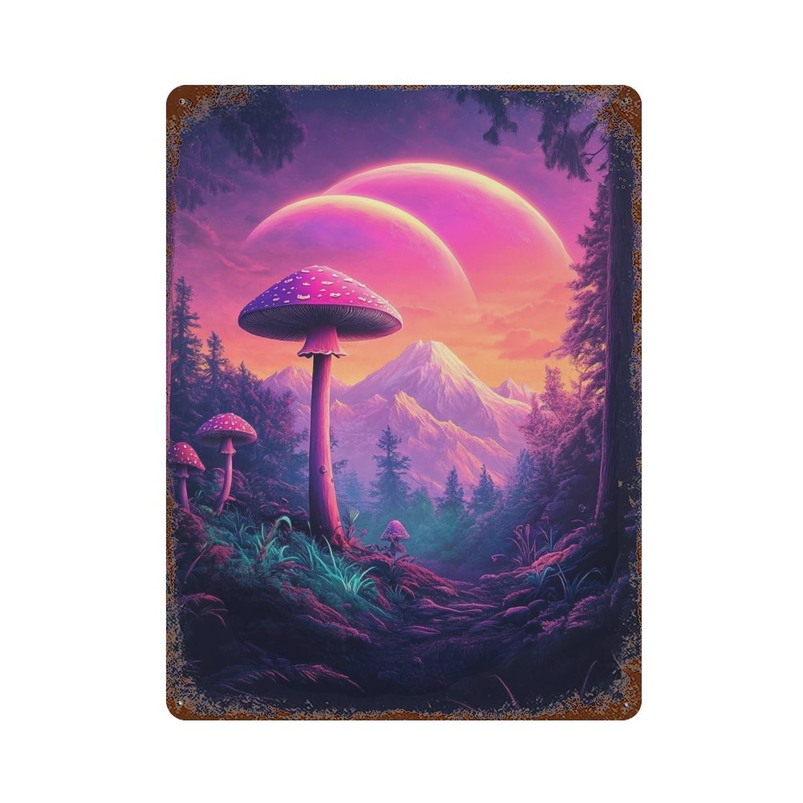Fantasy Mushroom Forest Landscape 15.7"x11.8" Aged Metal Wall Plaque, Vintage Wall Decor for Bistro, Counter And Cafe Decor