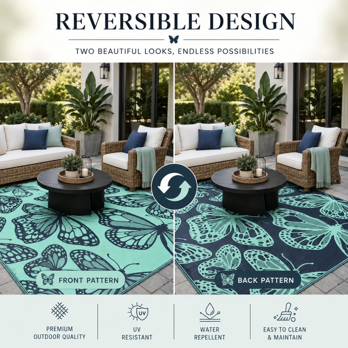 Hiseng Tapis d'extérieur Terrasse Imperméable, Tapis de Sol à Motif Papillon Réversible en Plastique Résistant aux UV Pliable Portable pour Balcon, Jardin, Camping, Pique-Nique (Vert,182x274cm)