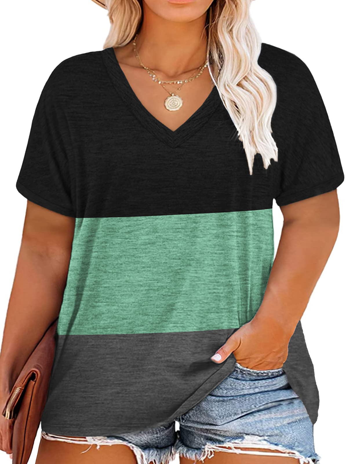 DOLNINE Plus-Size Tops for Women Short Sleeve Color Block Casual T-Shirts Tunics